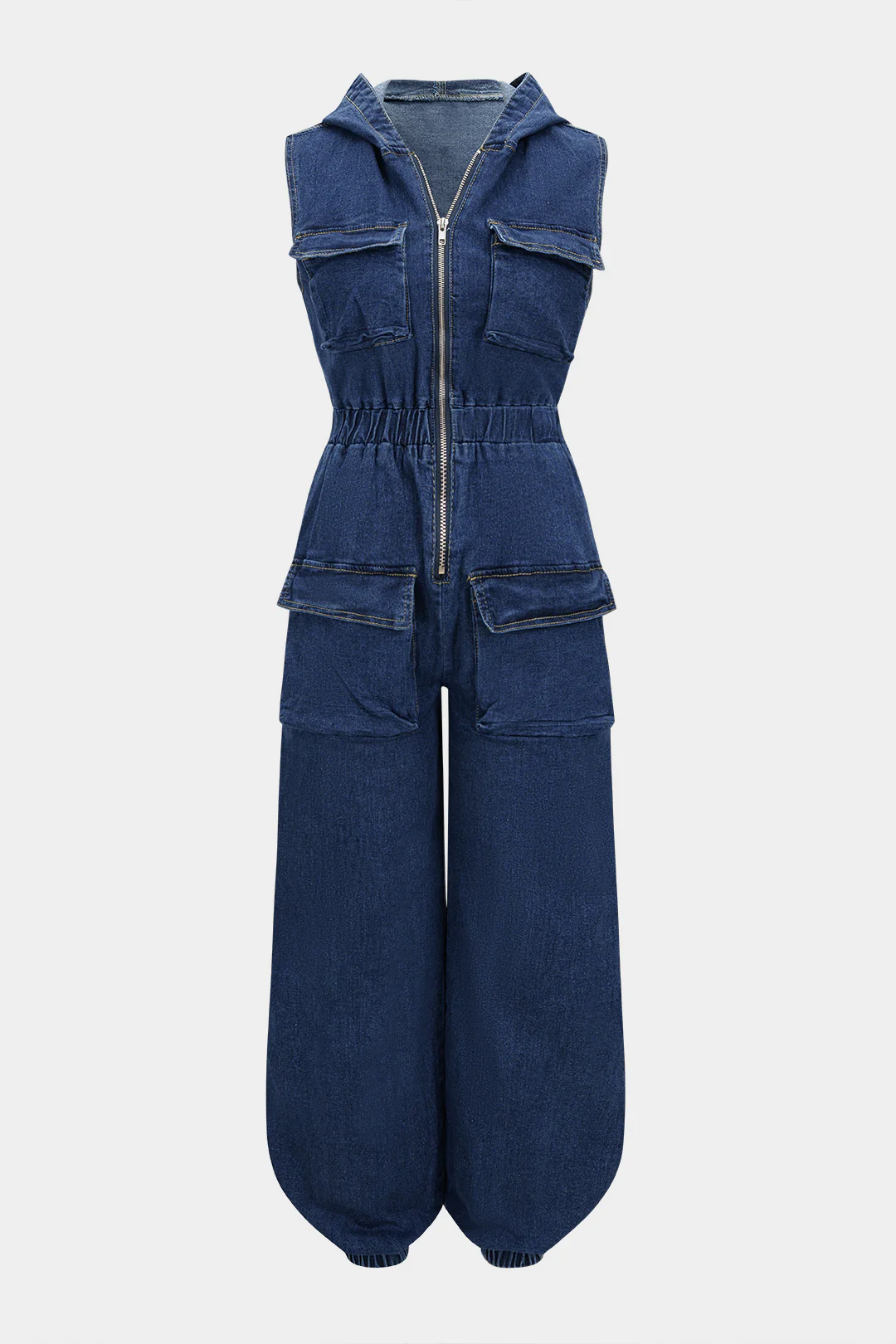 Denim Hooded Shirred Zipper Pocket Sleeveless Jumpsuit
