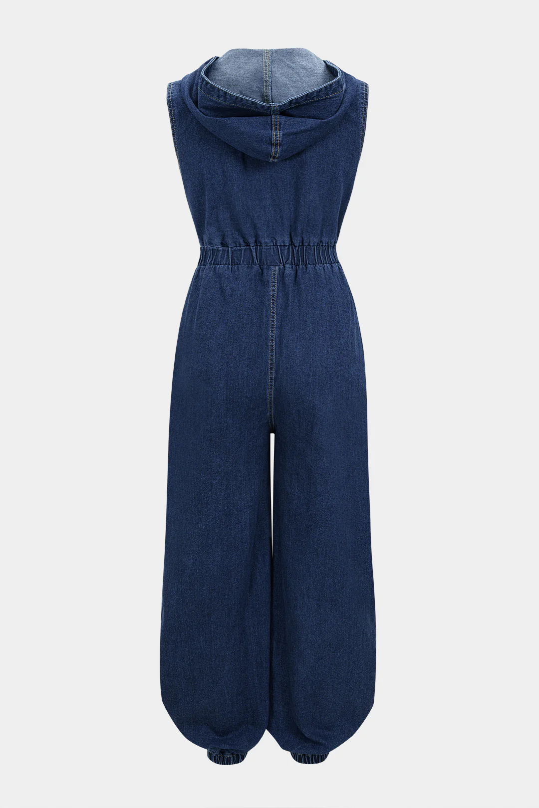 Denim Hooded Shirred Zipper Pocket Sleeveless Jumpsuit - Image 2