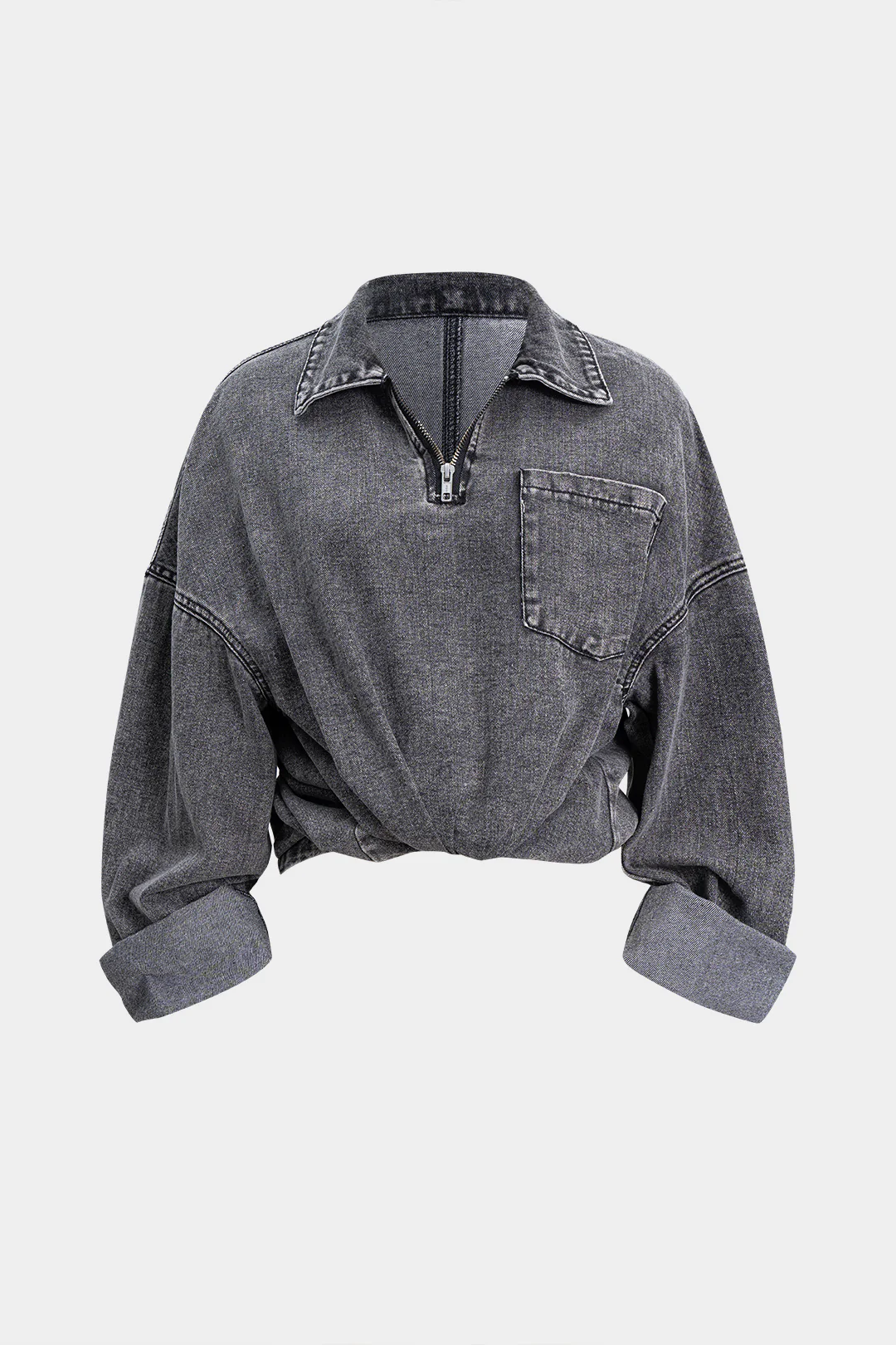 Denim Zipper Long Sleeve T-Shirt
