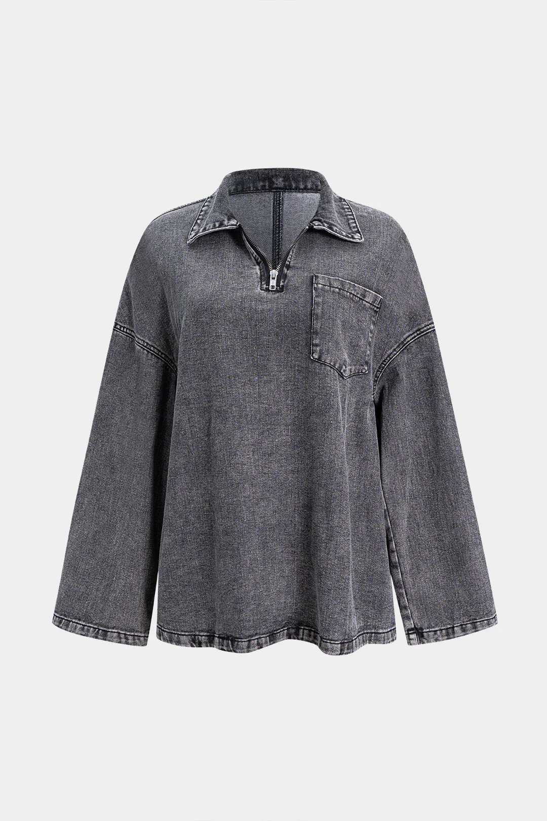 Denim Zipper Long Sleeve T-Shirt - Image 2