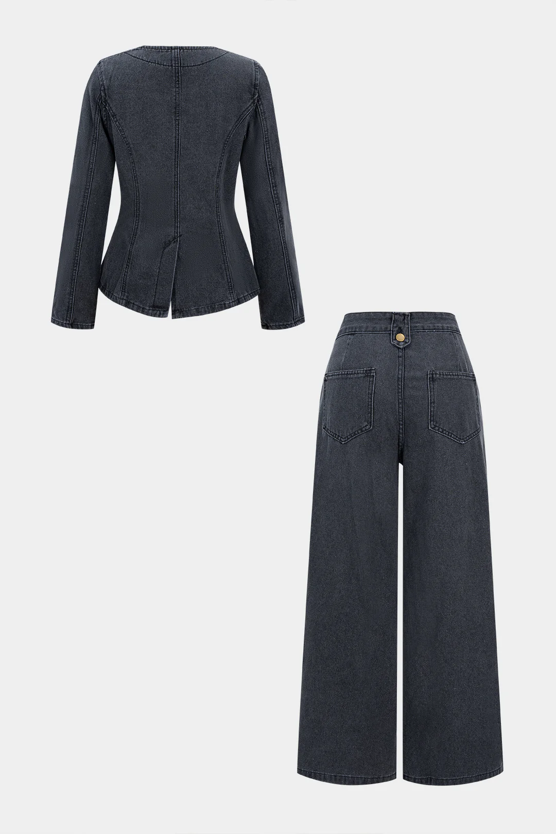 Denim Round Neck Button Long-Sleeve Top And Straight Leg Jeans Set - Image 4