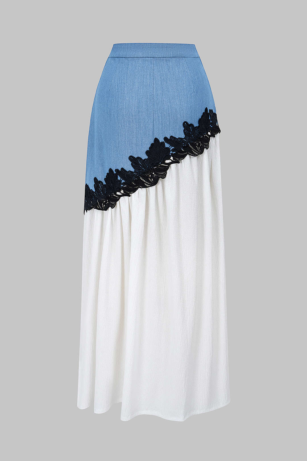 Denim Patchwork Lace Trim Asymmetrical Skirt - Image 2