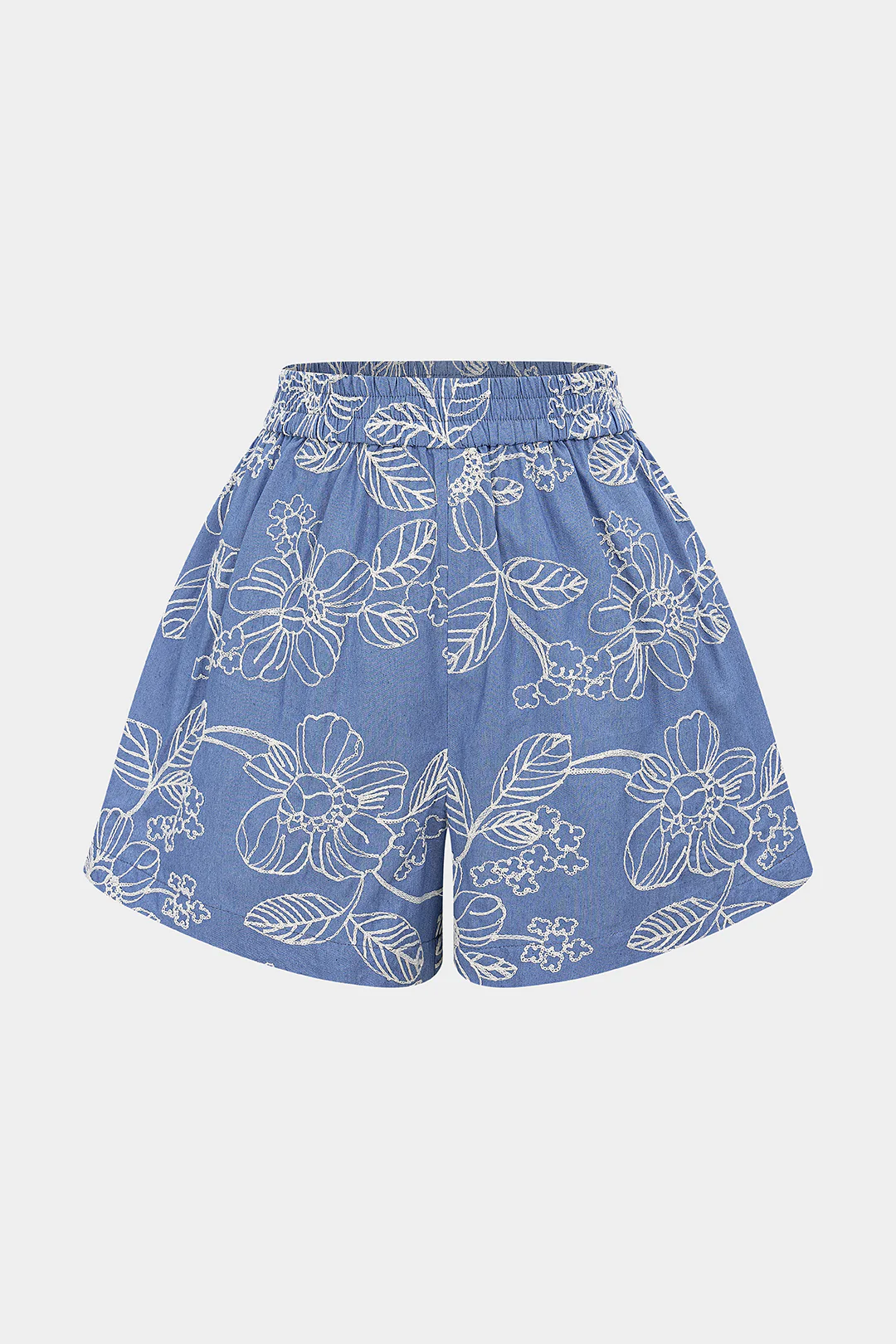 Denim Patchwork Floral Jacquard Shirred Waistband Wide Leg Shorts
