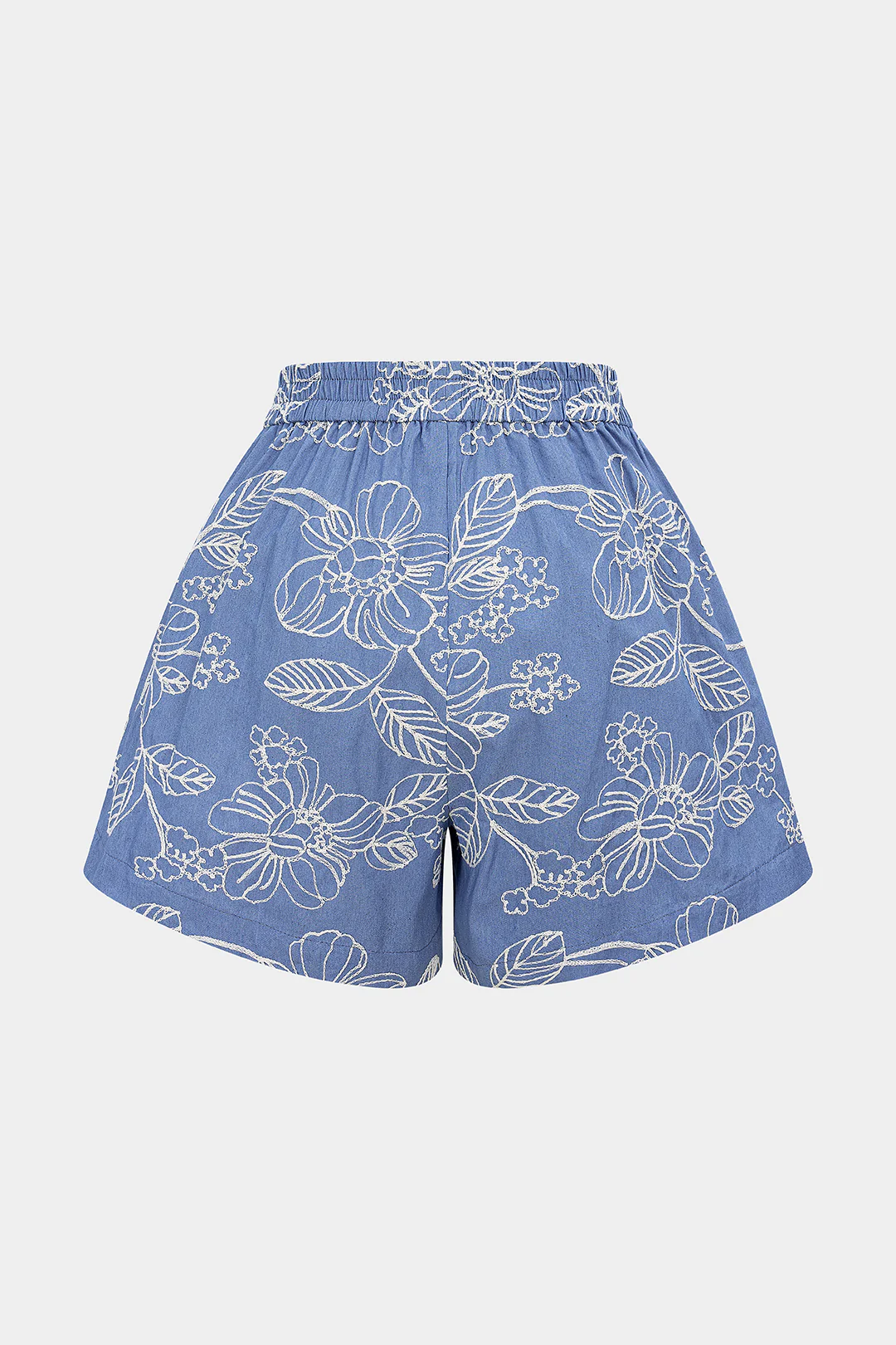 Denim Patchwork Floral Jacquard Shirred Waistband Wide Leg Shorts - Image 2