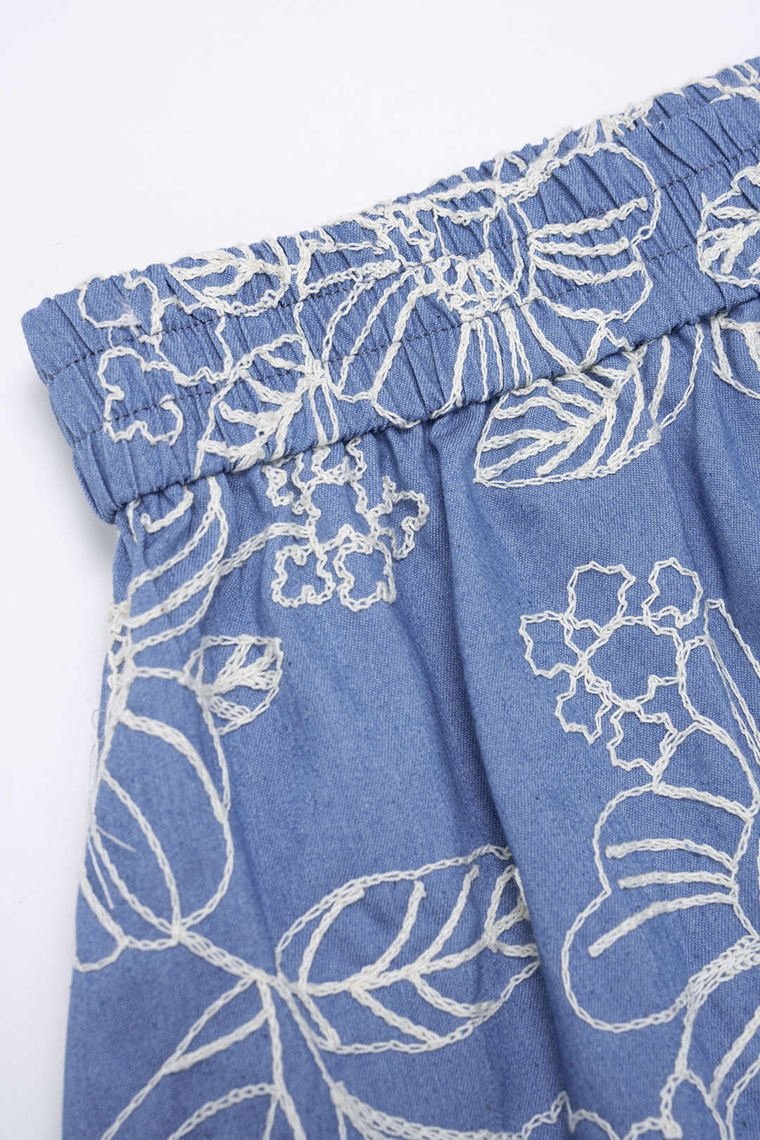 Denim Patchwork Floral Jacquard Shirred Waistband Wide Leg Shorts - Image 3