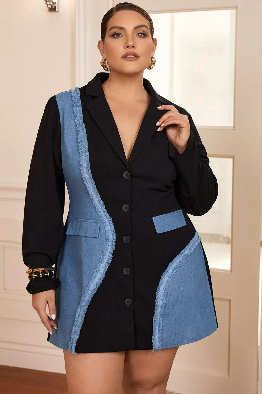 Plus Size Denim Notched Lapel Button Patchwork Blazer Mini Dress - Image 5