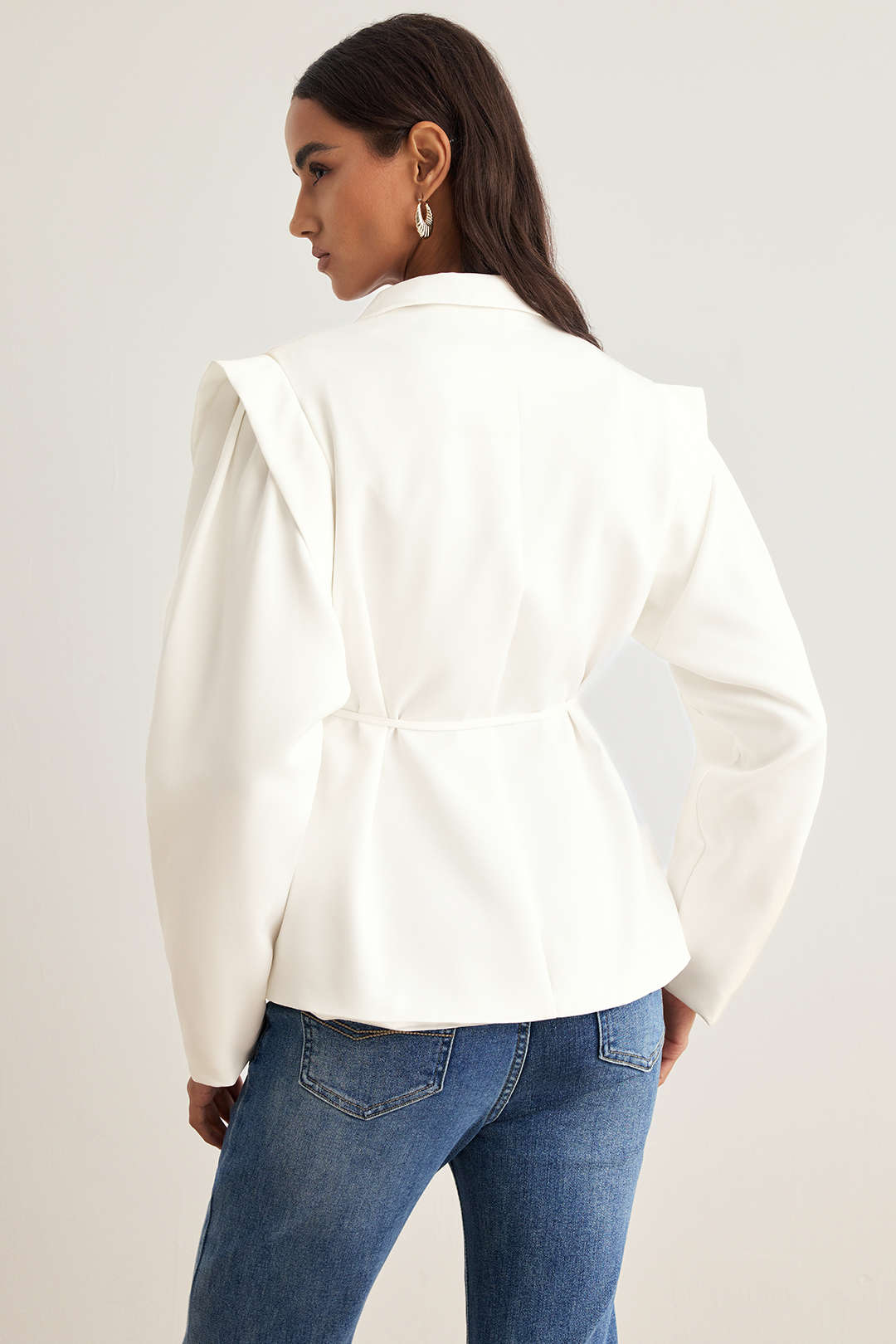 Tie-Up Notched Lapel Shoulder Pads Blazer - Image 3