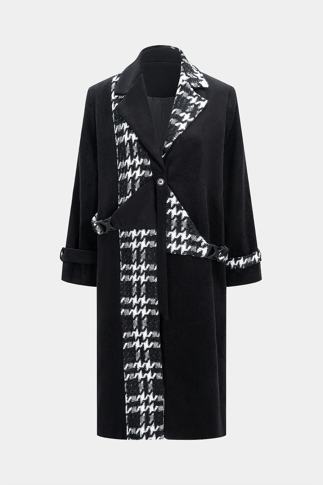 Woolen Jacquard Patchwork Contrast Asymmetrical Notched Lapel Coat