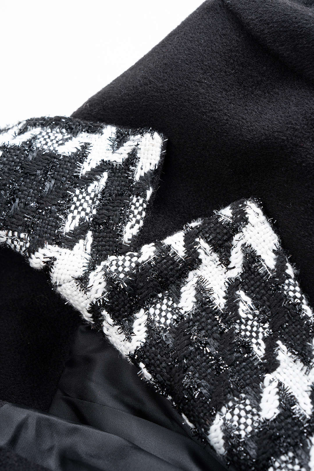 Woolen Jacquard Patchwork Contrast Asymmetrical Notched Lapel Coat - Image 4