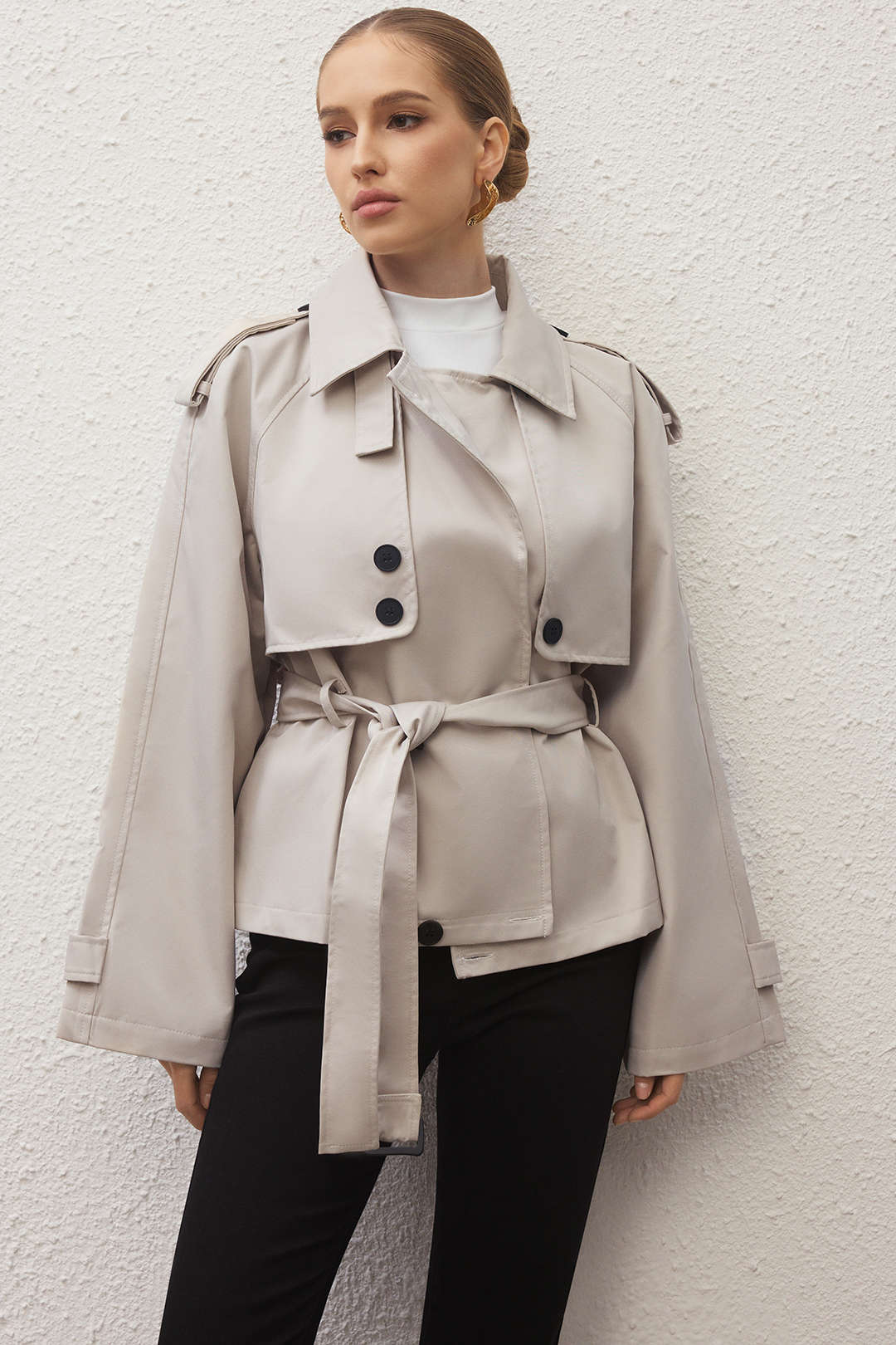 Lapel Button Belted Coat - Image 2
