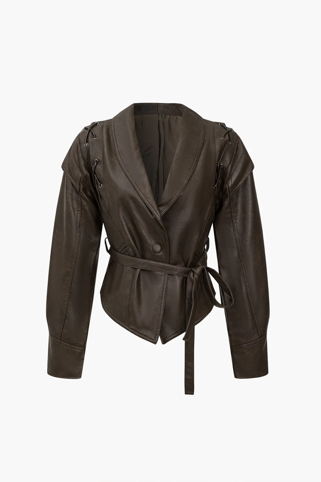 Faux Leather Tie Front Crossed Button Jacket - Image 3