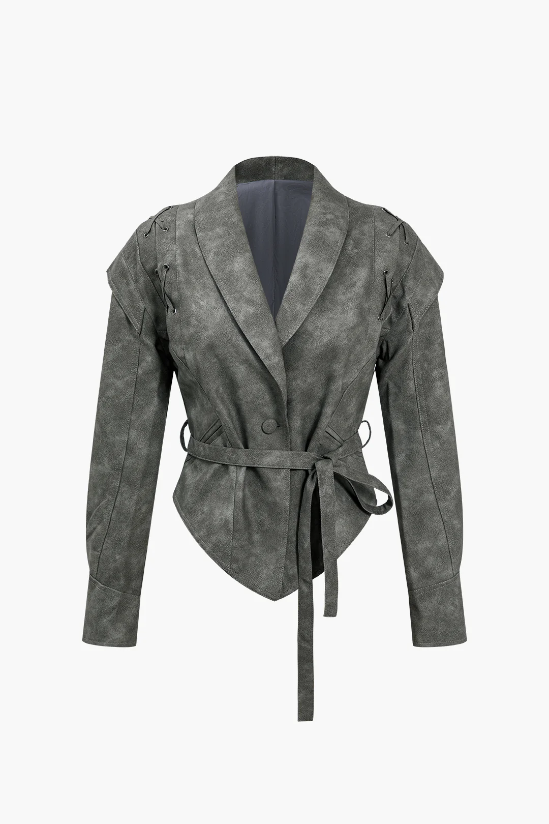 Faux Leather Tie Front Crossed Button Jacket - Image 8