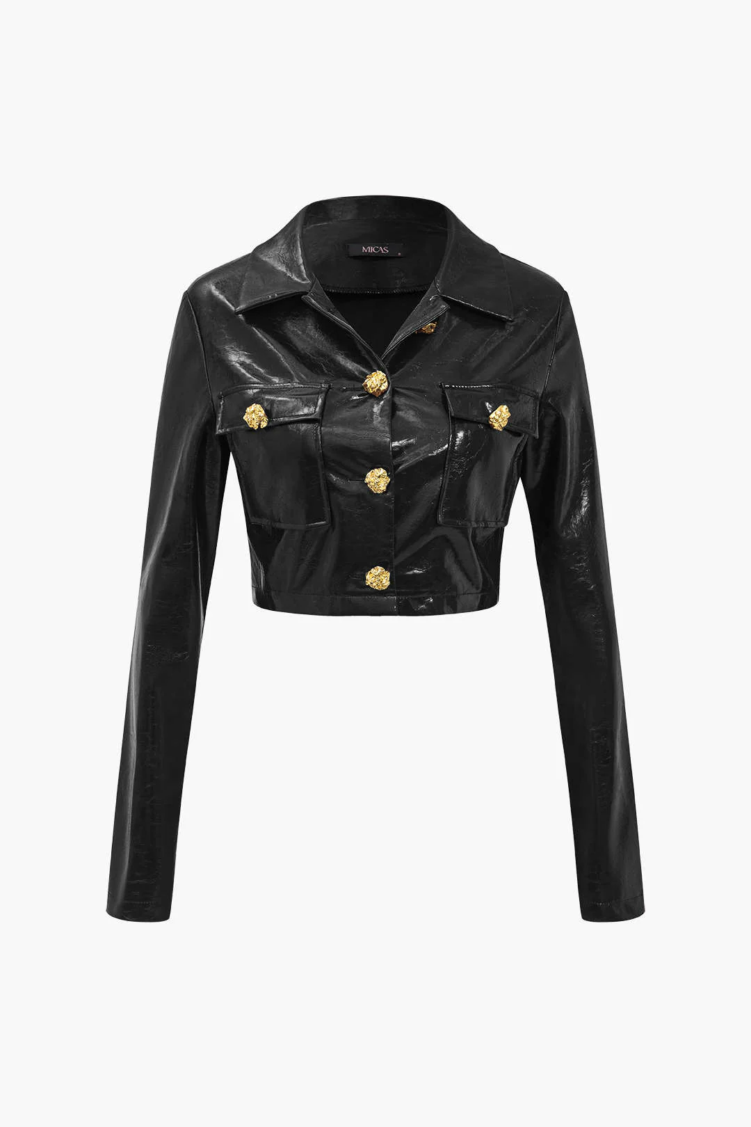 Solid PU Button And Pocket Details Jacket - Image 5