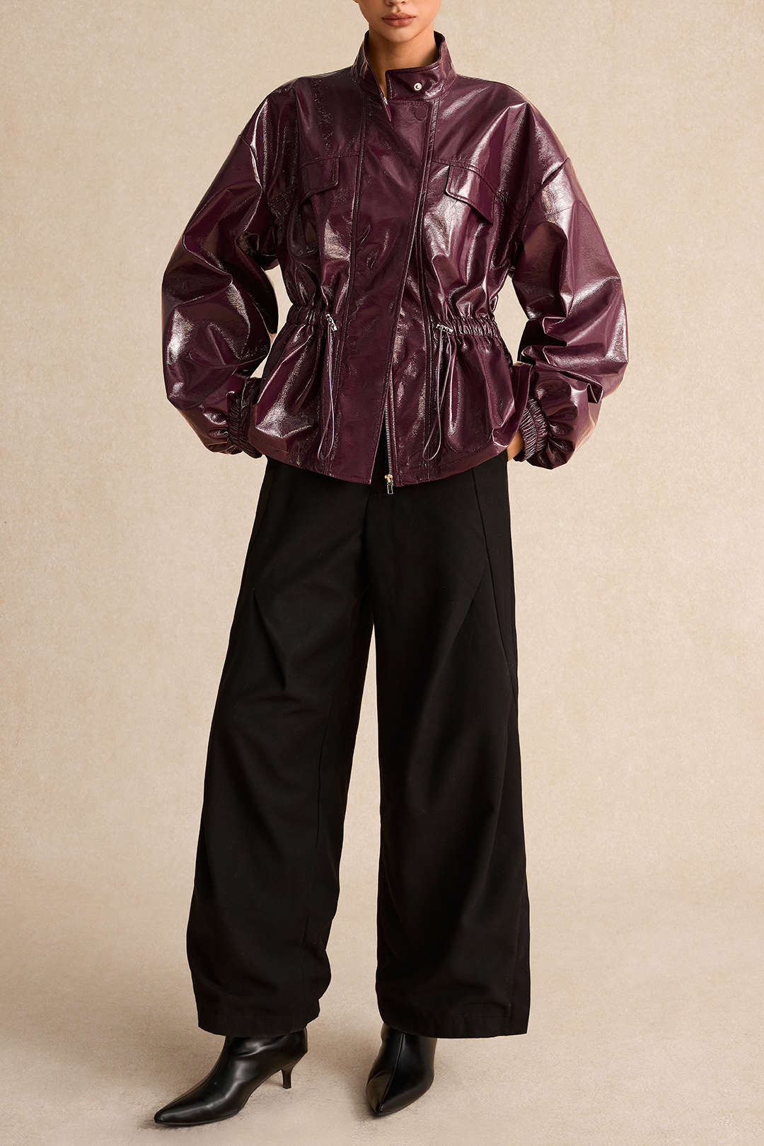 Faux Leather Drawstring Pocket Jacket - Image 8