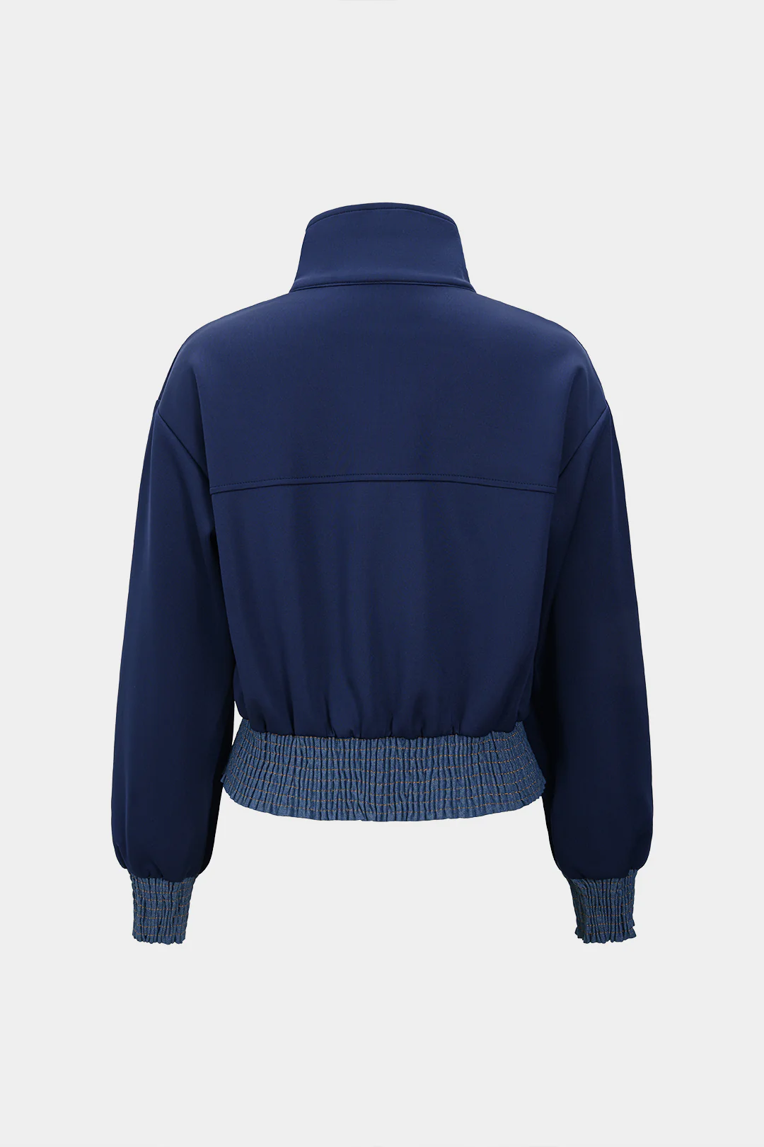 Contrast Print Denim Patchwork Smocked Zipper Jacket - Image 2