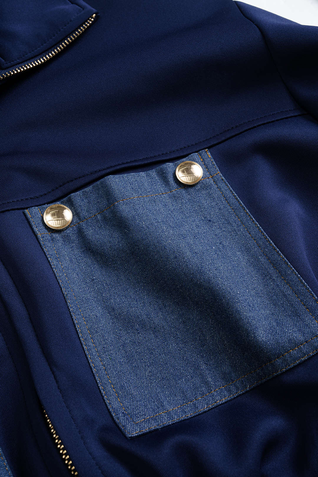 Contrast Print Denim Patchwork Smocked Zipper Jacket - Image 4
