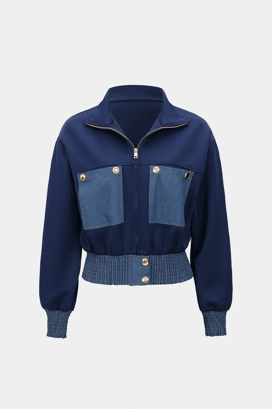 Contrast Print Denim Patchwork Smocked Zipper Jacket - Image 6