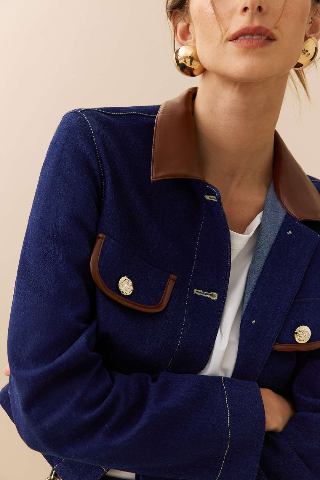 Denim Patchwork Button Pocket Outerwear - Image 3