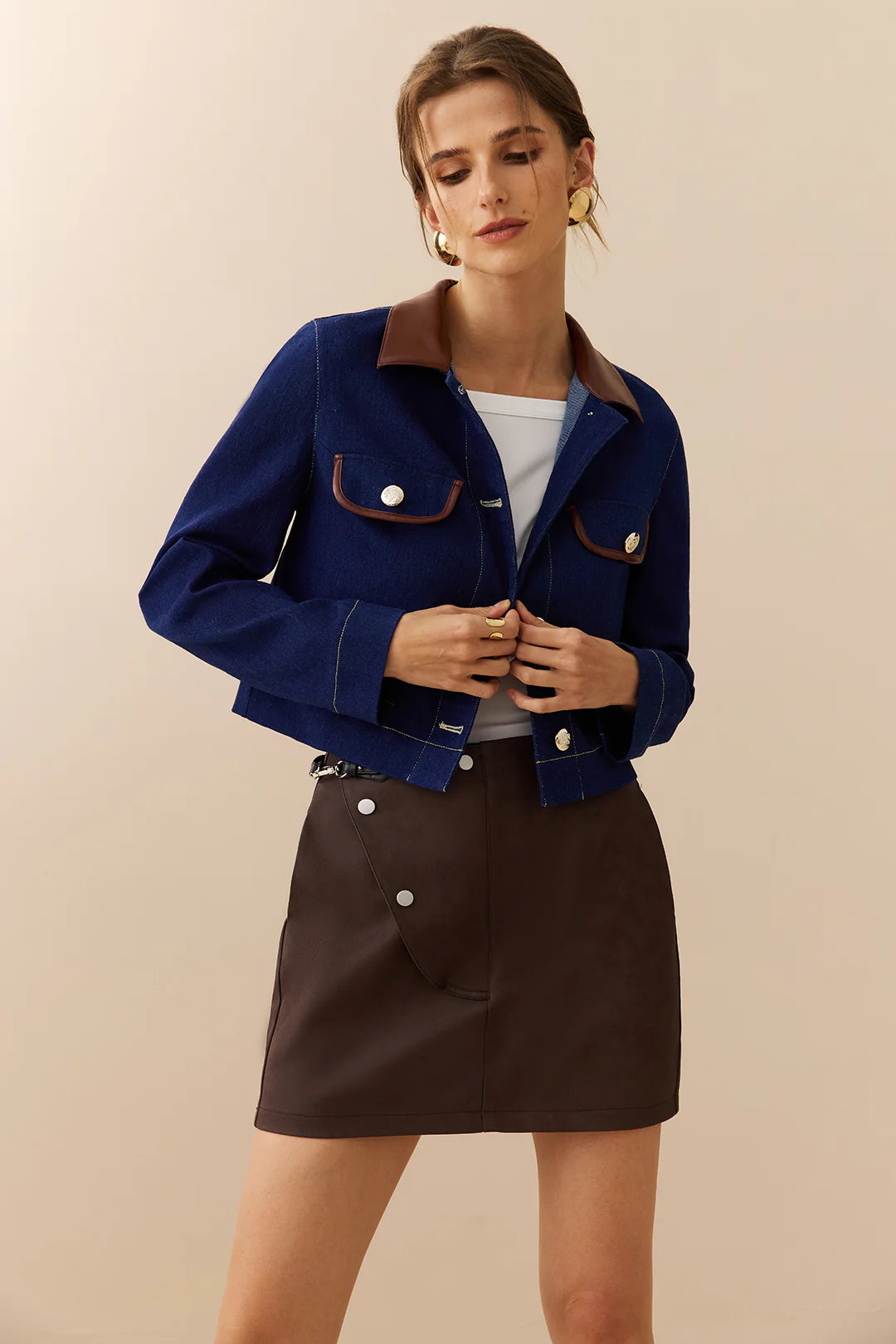Denim Patchwork Button Pocket Outerwear - Image 4