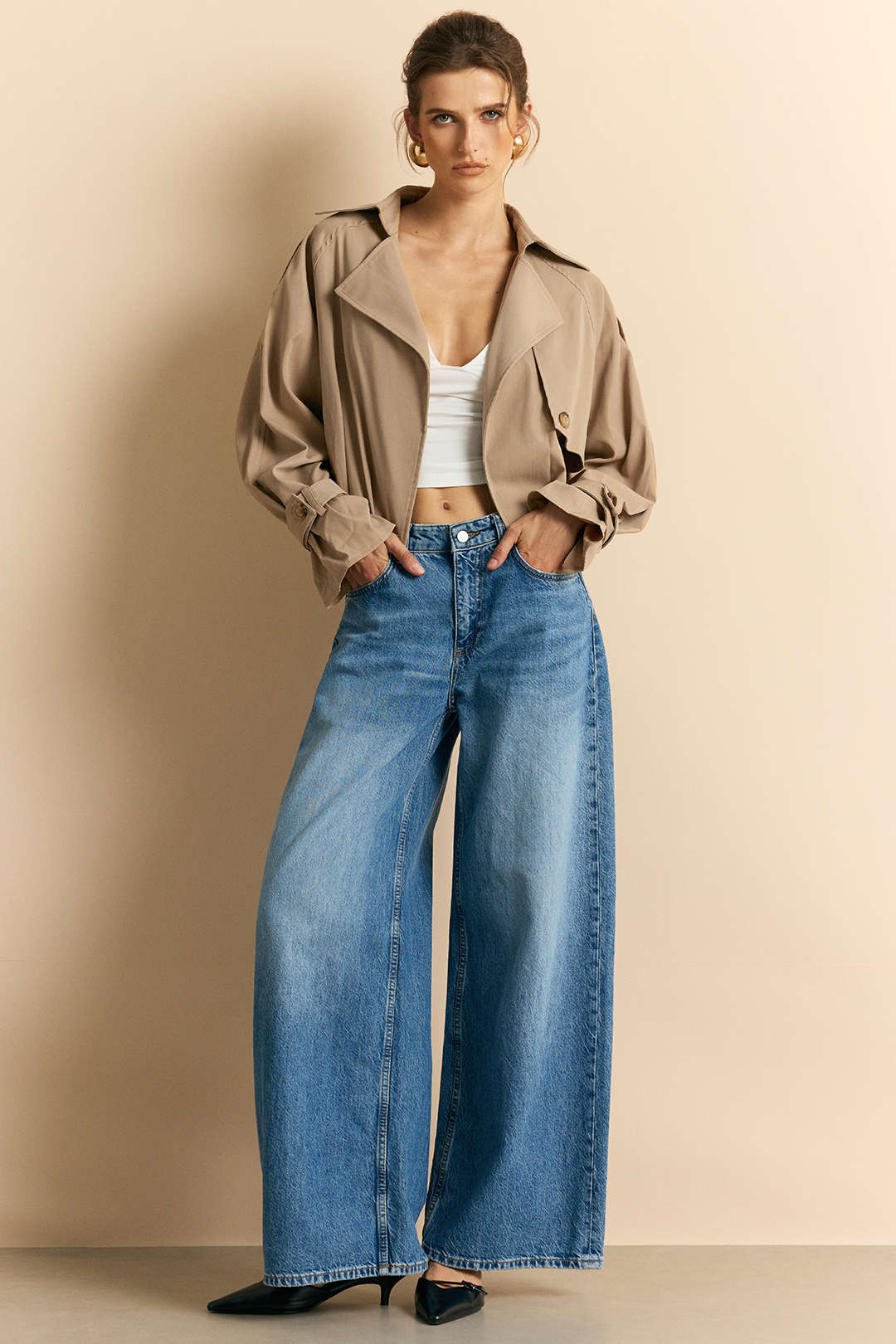 Notched Lapel Button Belts Cropped Jacket - Image 2
