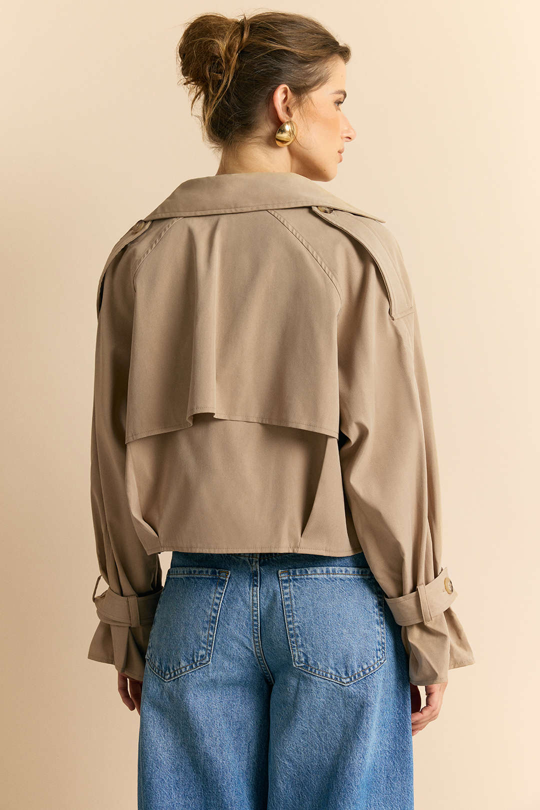 Notched Lapel Button Belts Cropped Jacket - Image 4