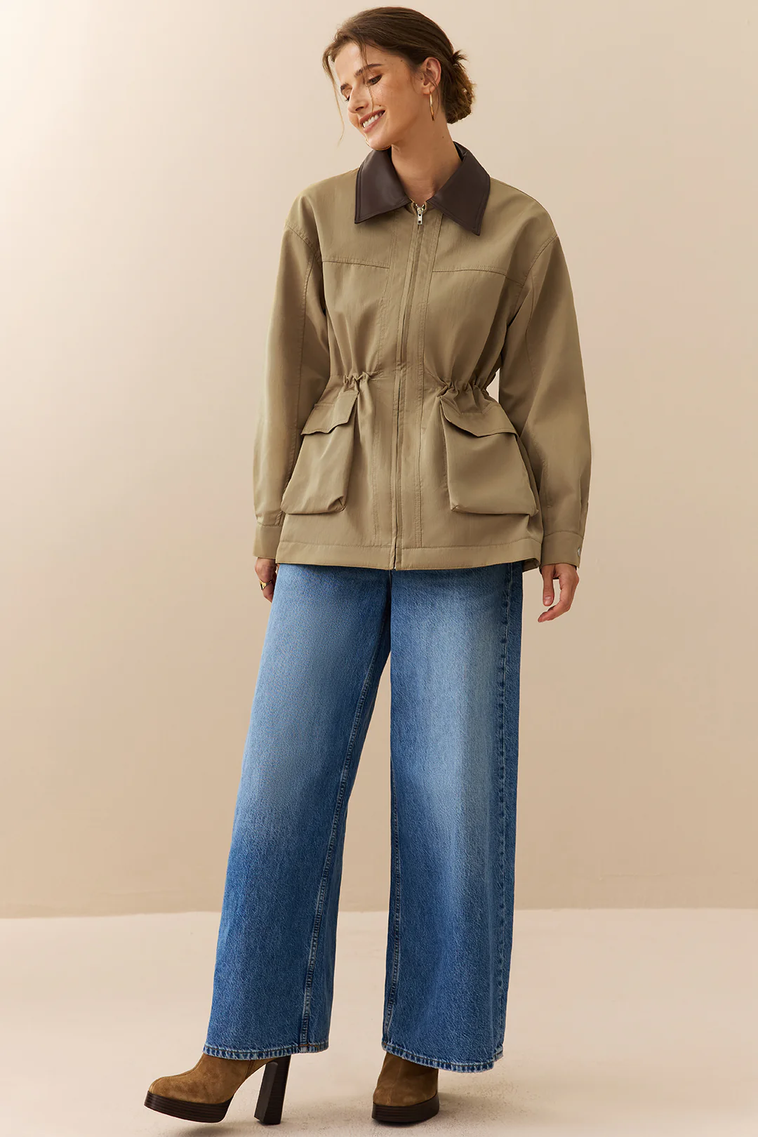 Faux Leather Patchwork Pocket Zipper Jacket - Image 3