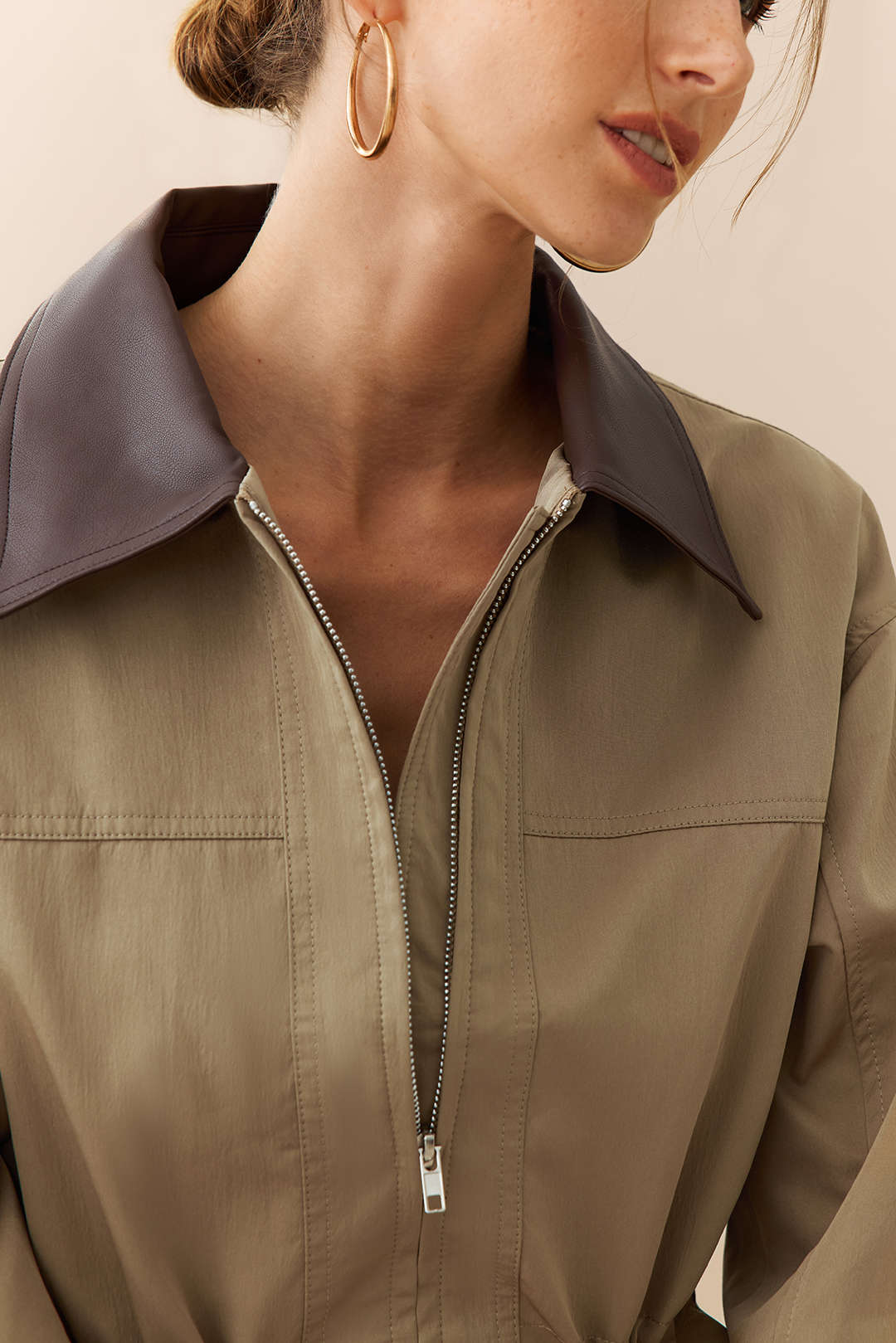 Faux Leather Patchwork Pocket Zipper Jacket - Image 4
