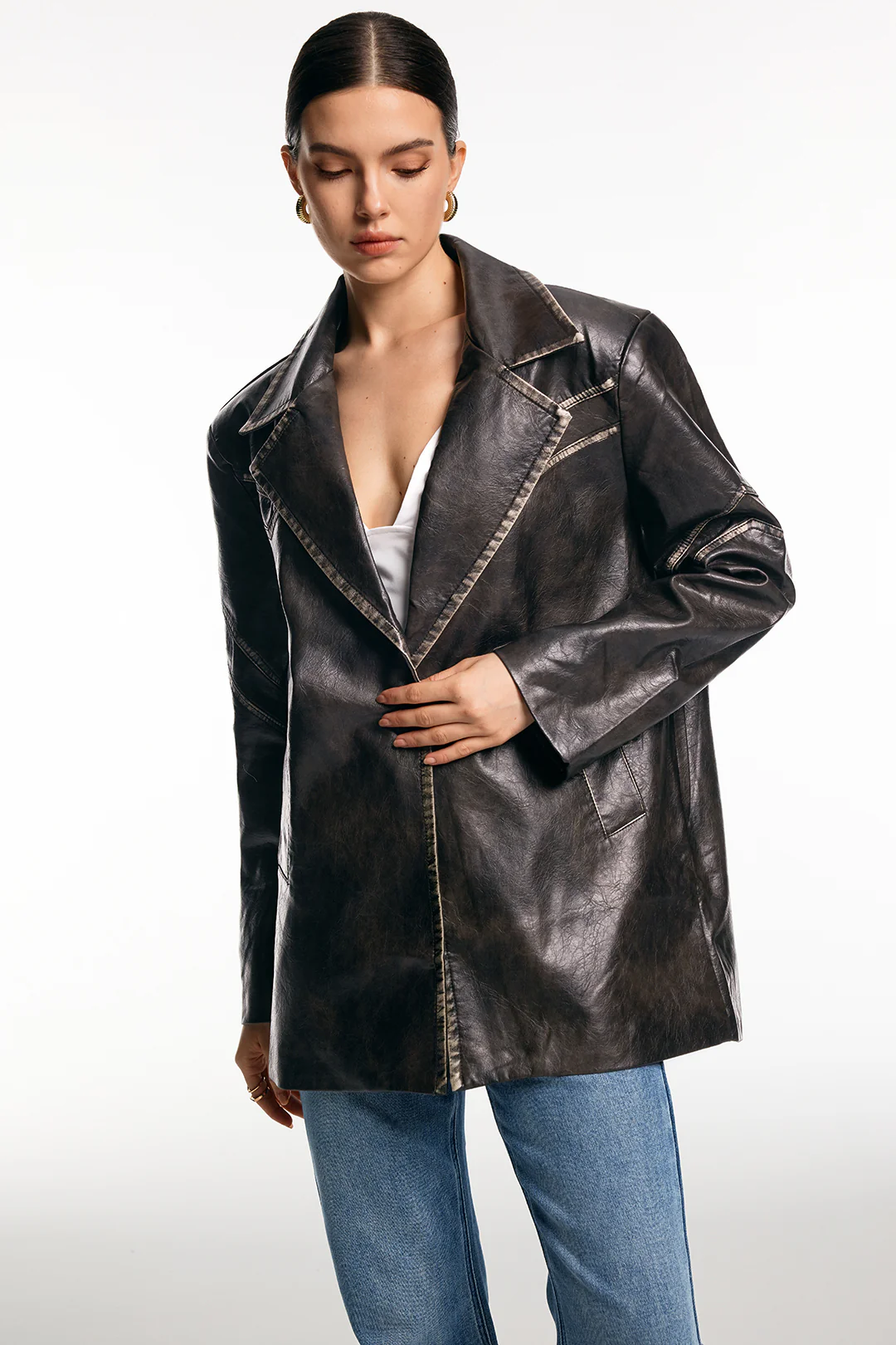 Faux Leather Washed Blazer - Image 3