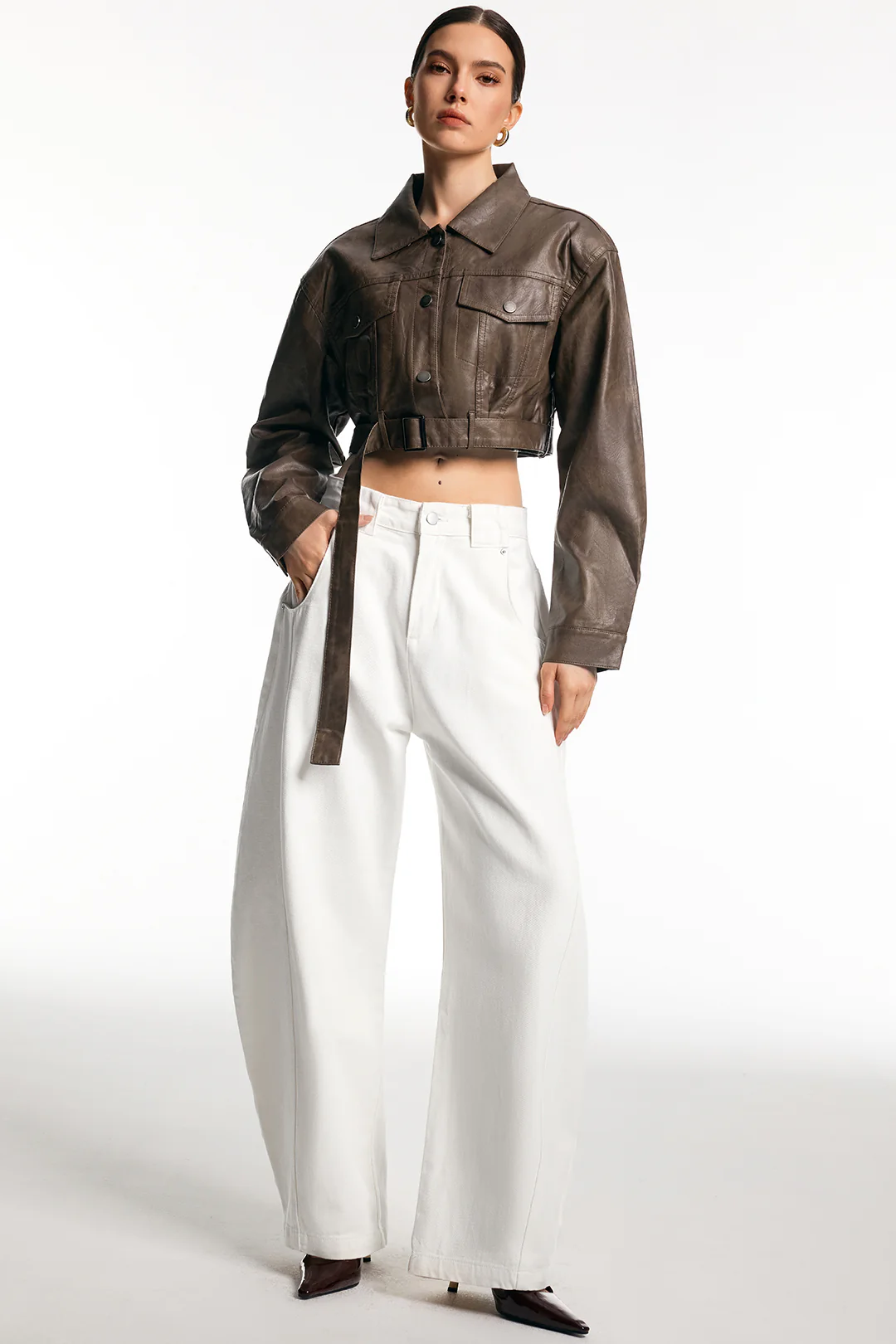 Faux Leather Belted Button Pocket Jacket - Image 2