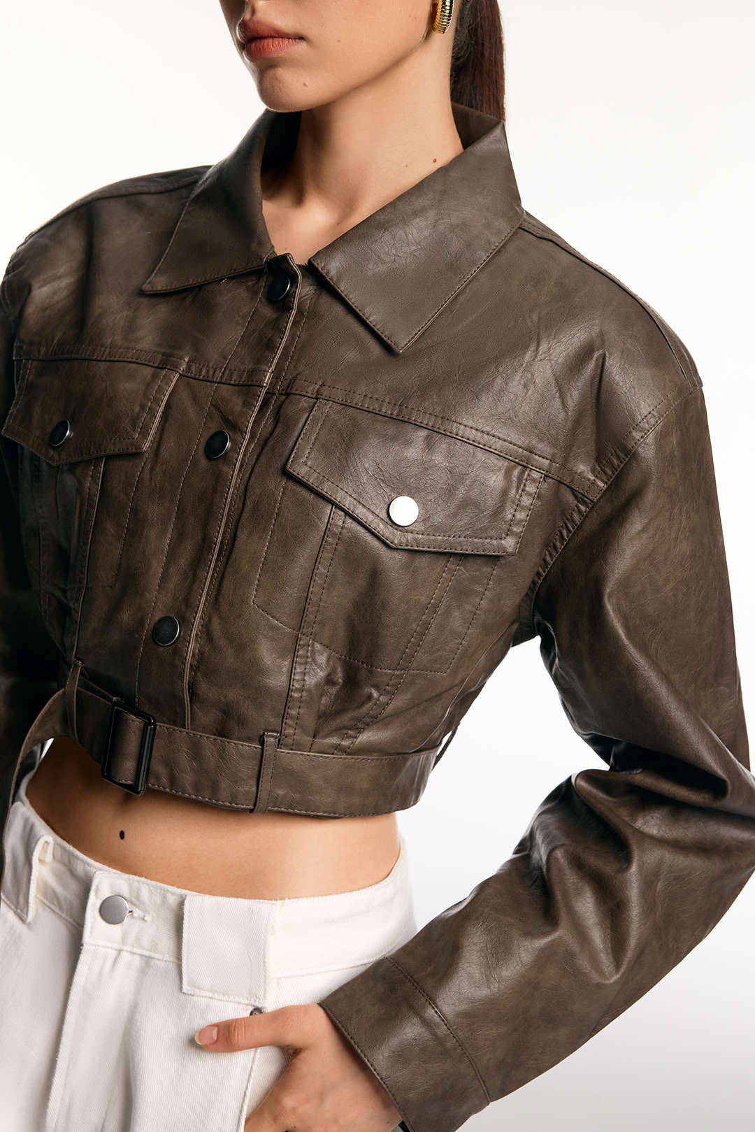 Faux Leather Belted Button Pocket Jacket - Image 3