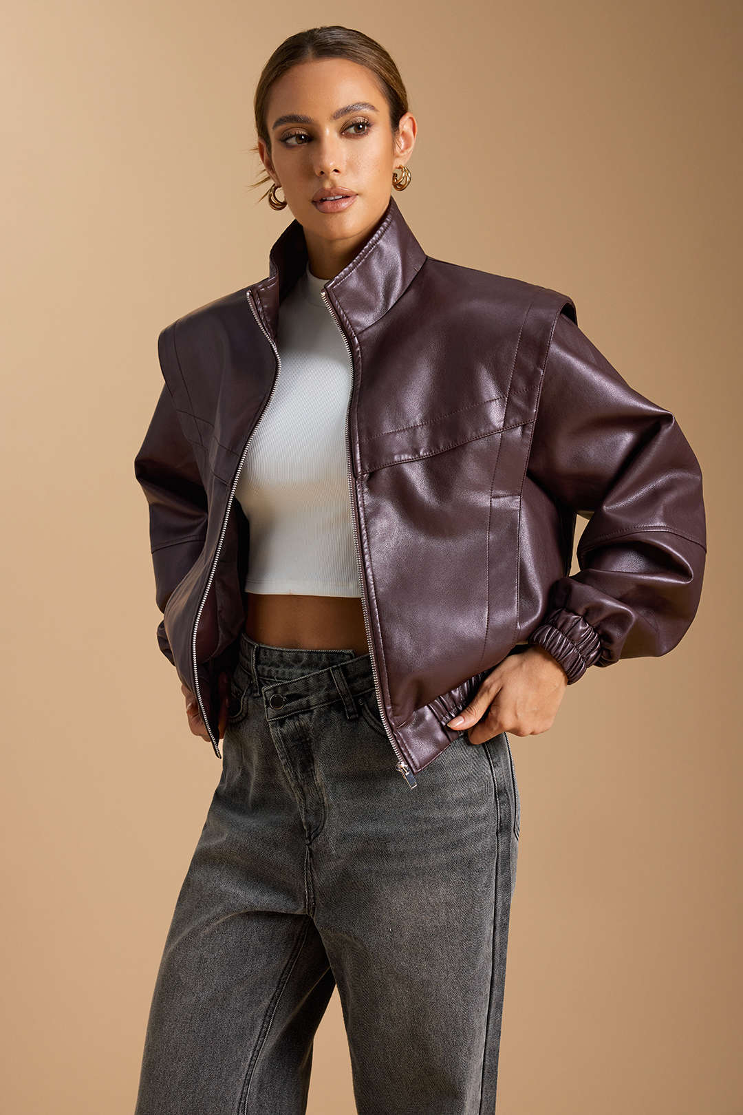 Faux Leather Mock Neck Pocket Zipper Jacket