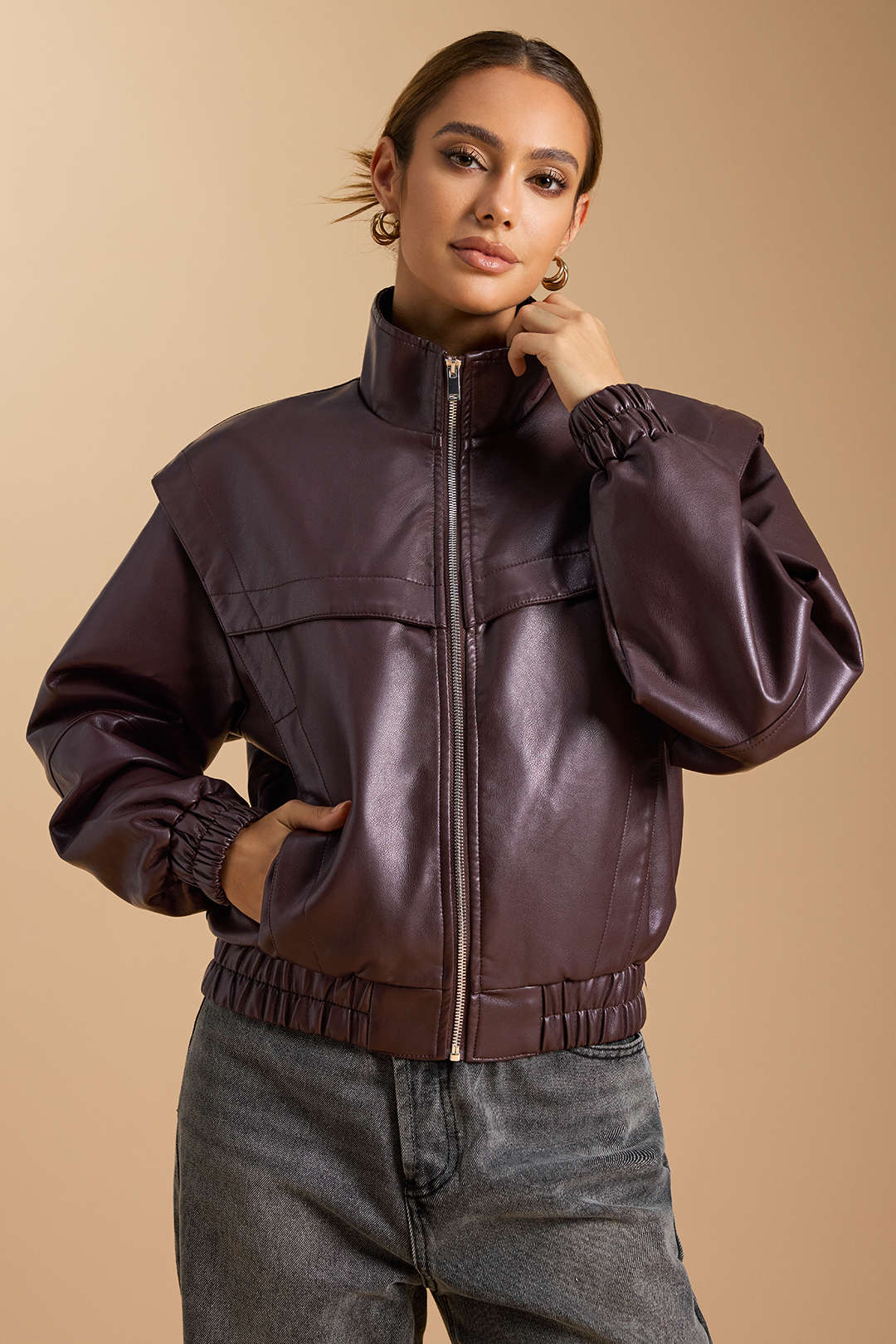 Faux Leather Mock Neck Pocket Zipper Jacket - Image 2