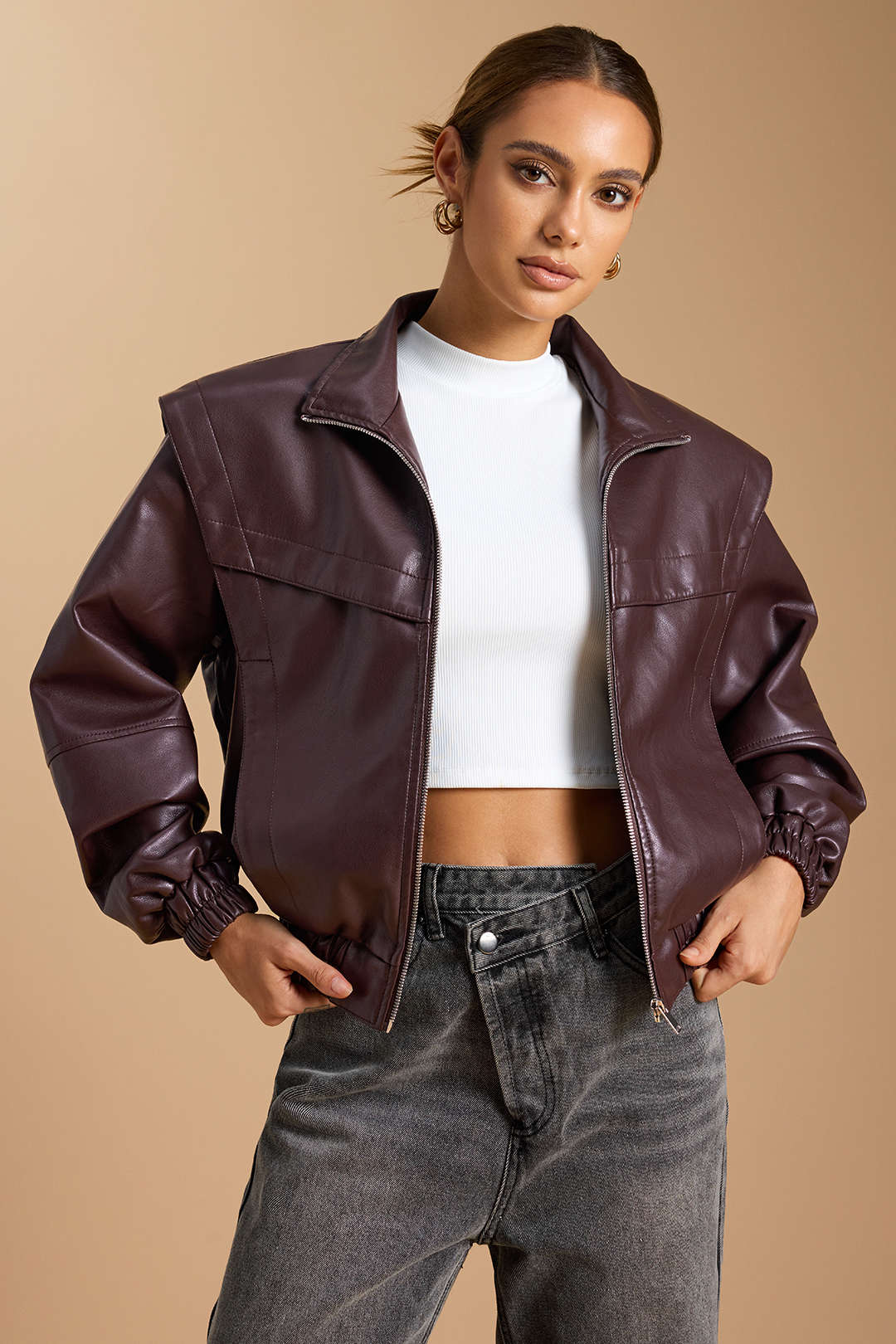 Faux Leather Mock Neck Pocket Zipper Jacket - Image 4