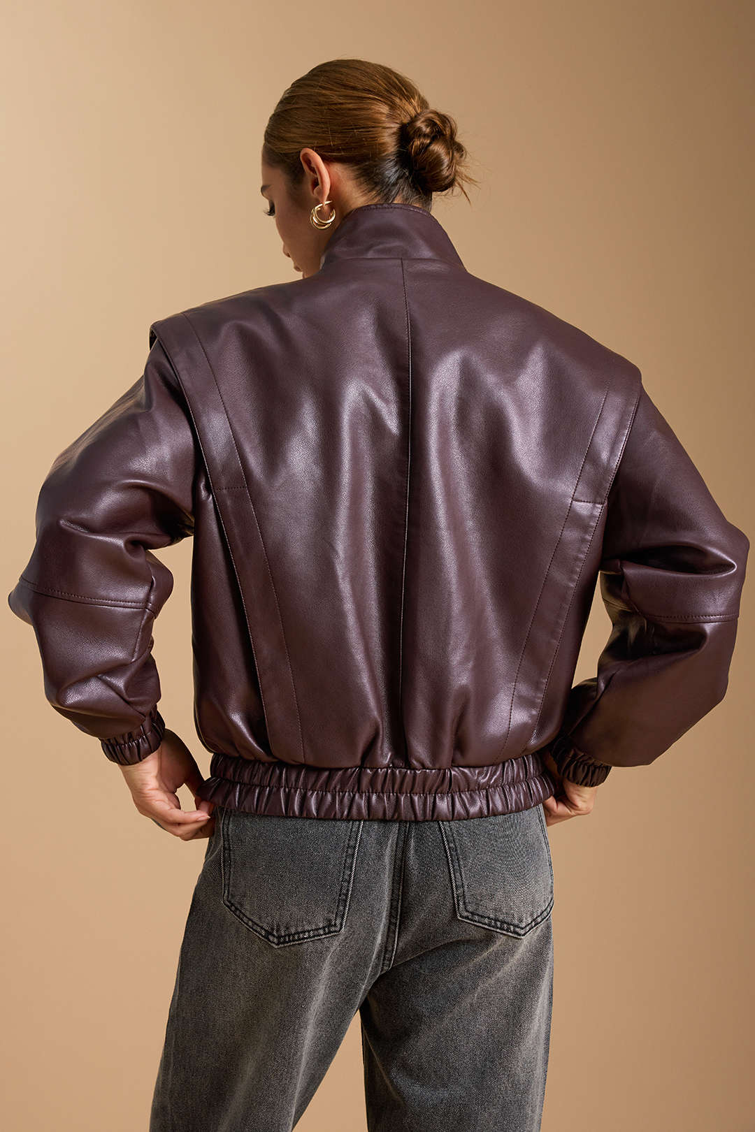 Faux Leather Mock Neck Pocket Zipper Jacket - Image 5