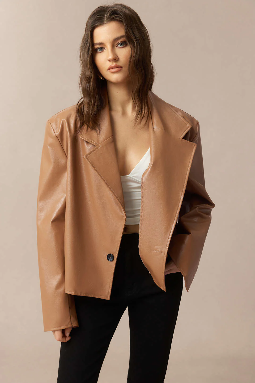 Faux Leather Notched Lapel Jacket - Image 4