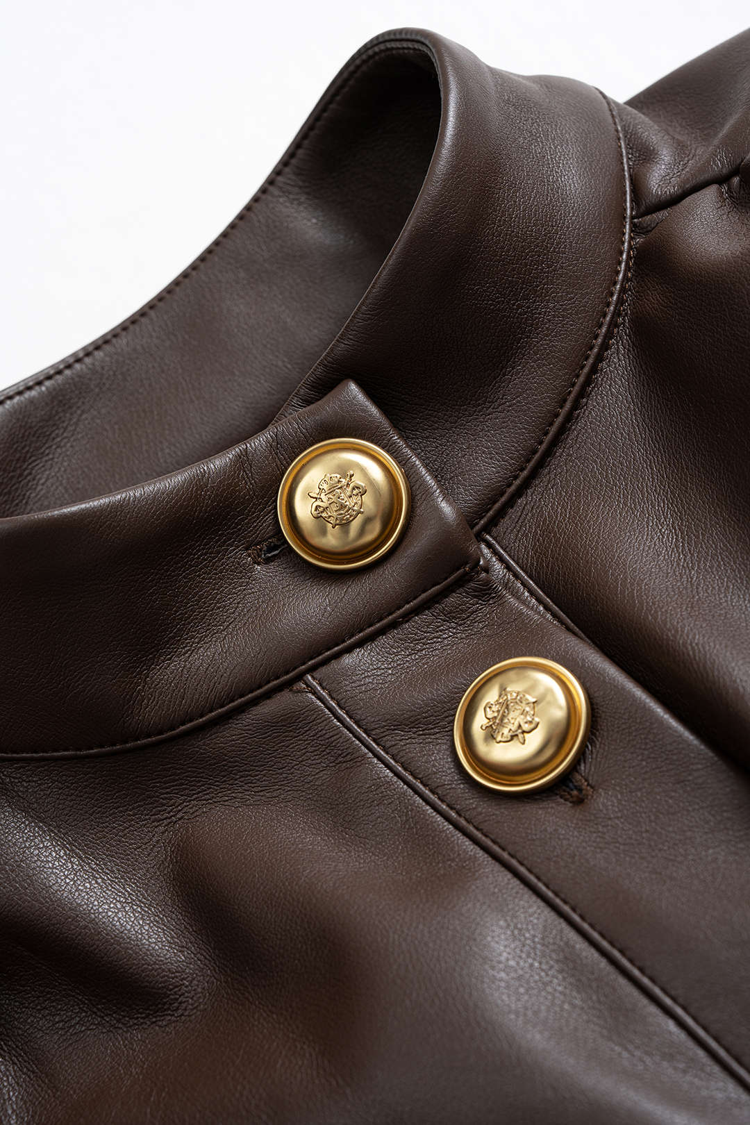 Faux Leather Mock Neck Metallic Button Ruched Jacket - Image 3