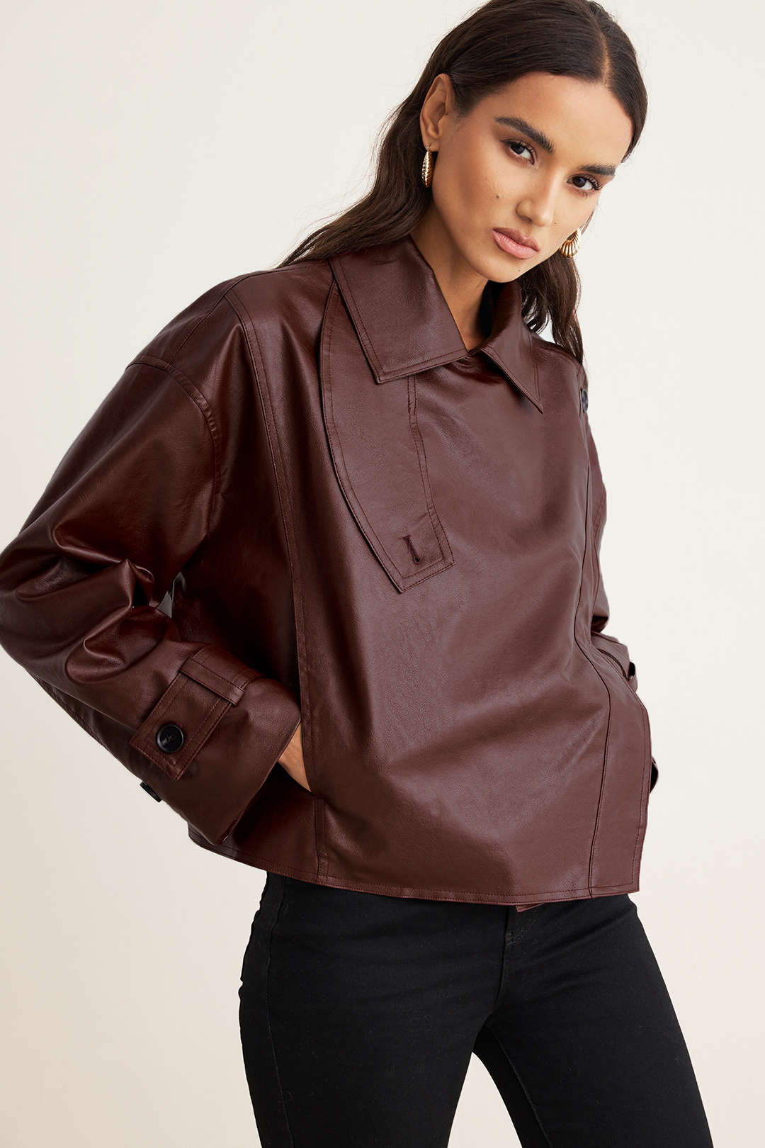 Faux Leather Asymmetrical Cropped Jacket
