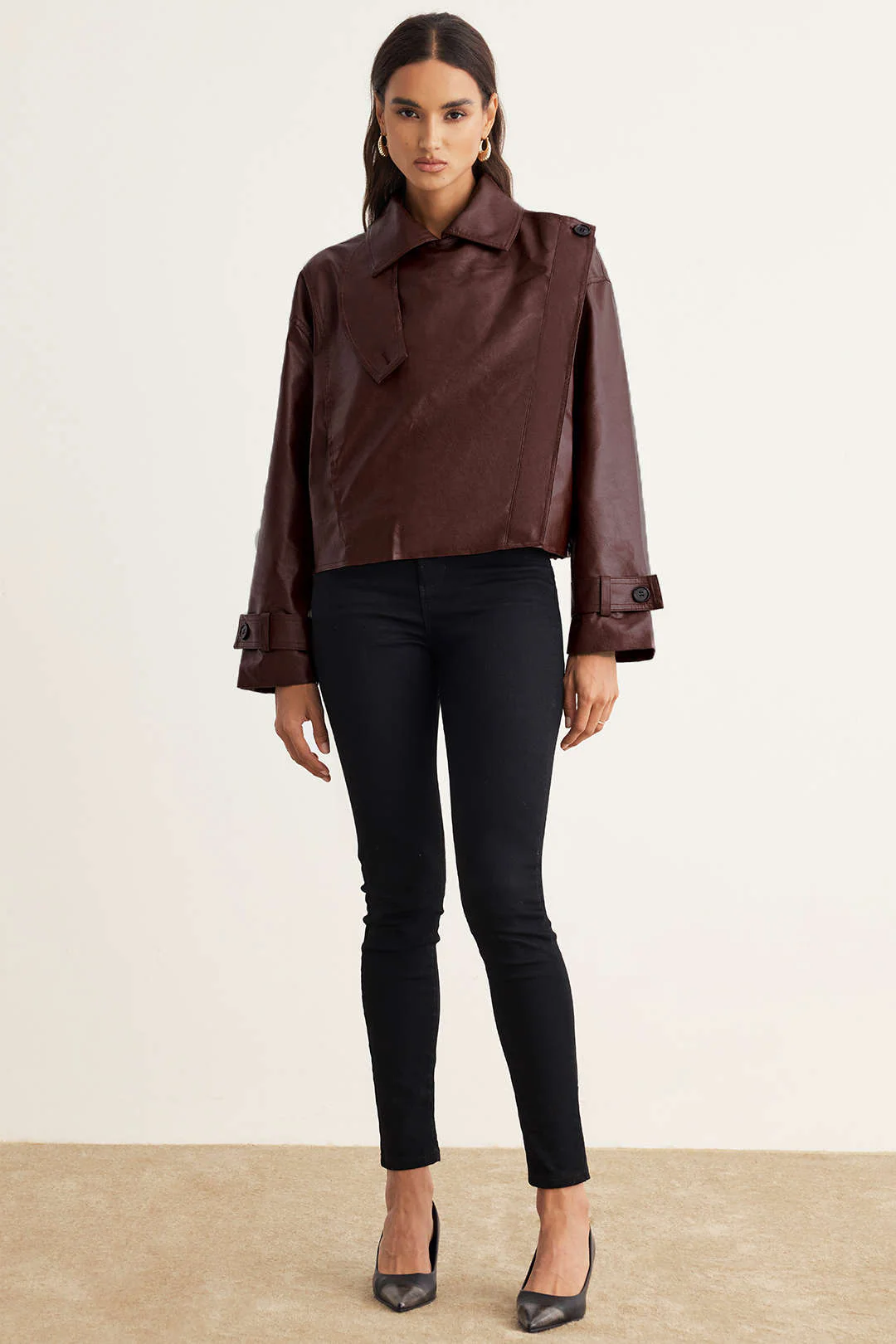 Faux Leather Asymmetrical Cropped Jacket - Image 2