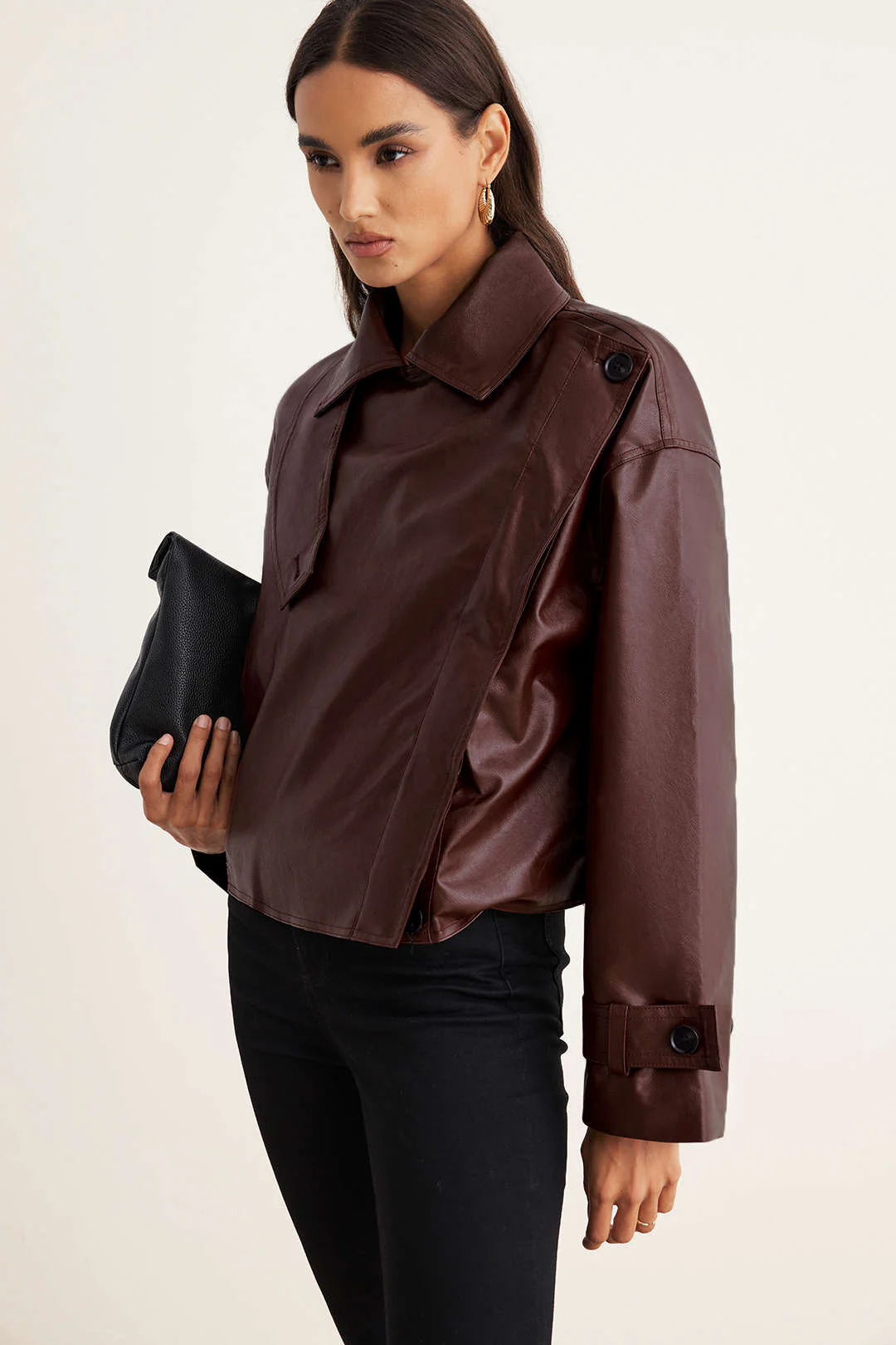Faux Leather Asymmetrical Cropped Jacket - Image 3