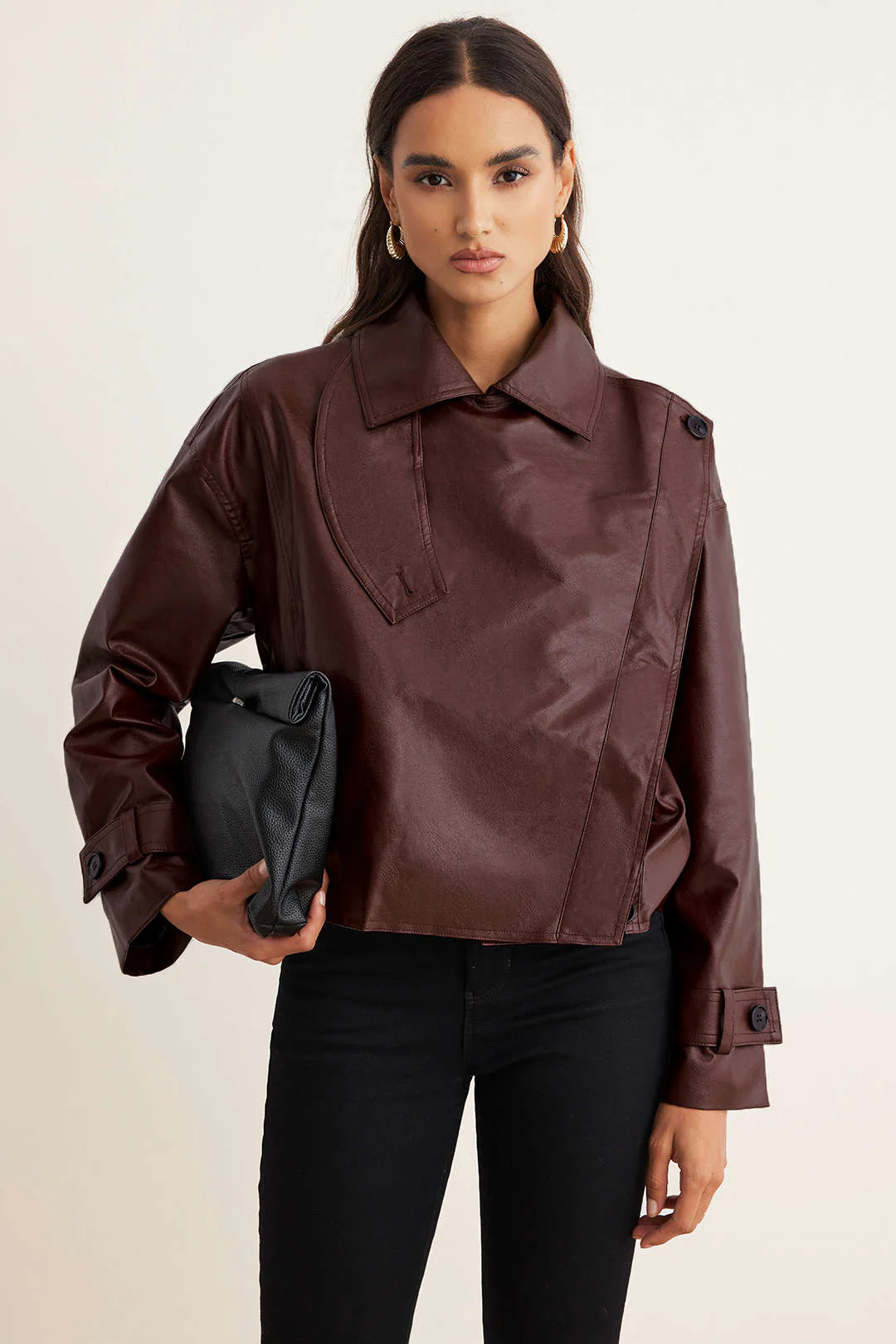 Faux Leather Asymmetrical Cropped Jacket - Image 5