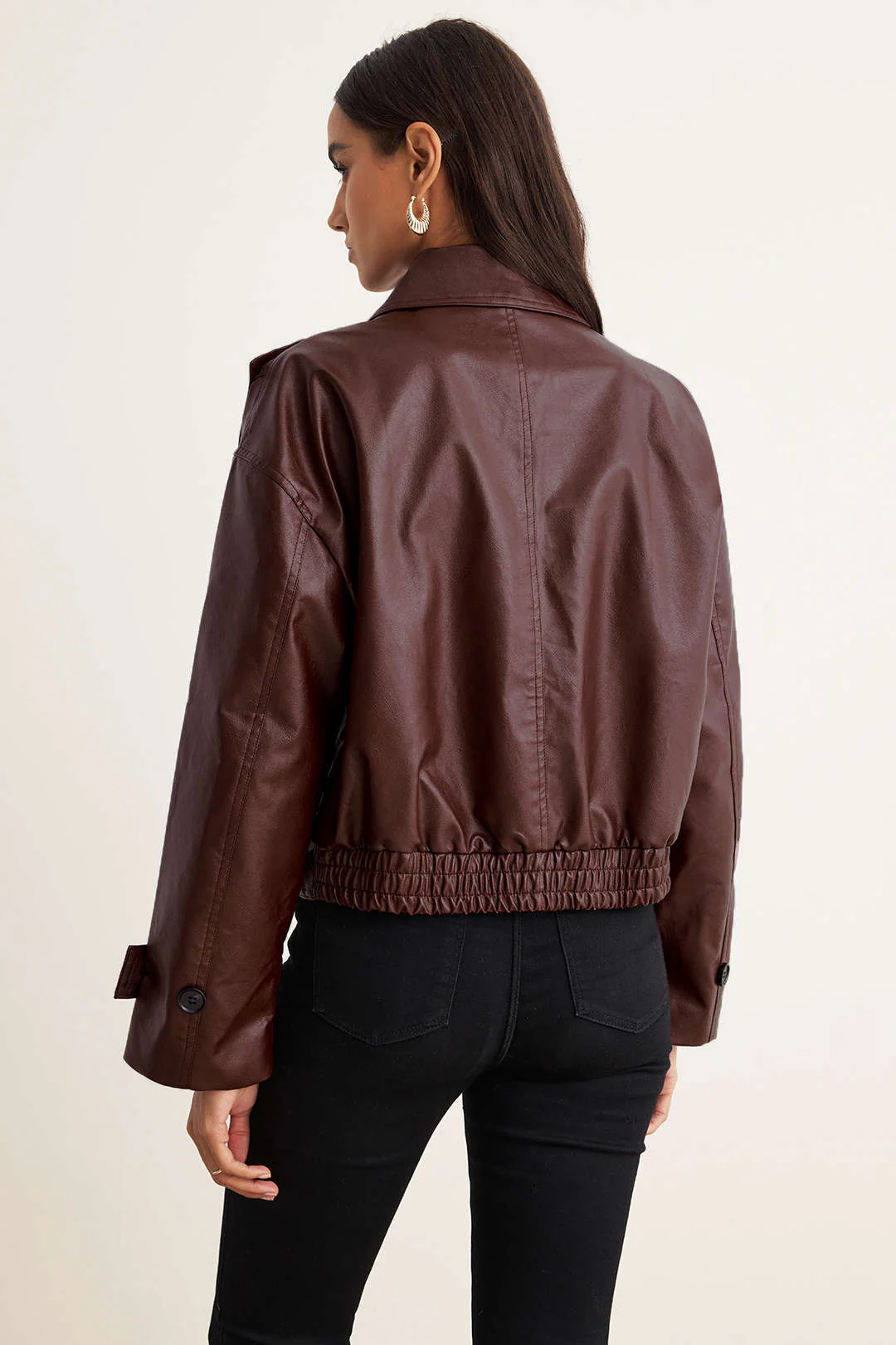 Faux Leather Asymmetrical Cropped Jacket - Image 6