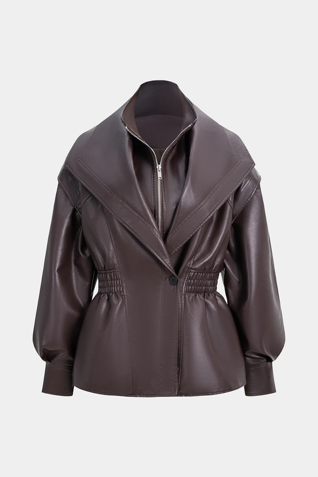 Faux Leather Shirred Zipper Jacket