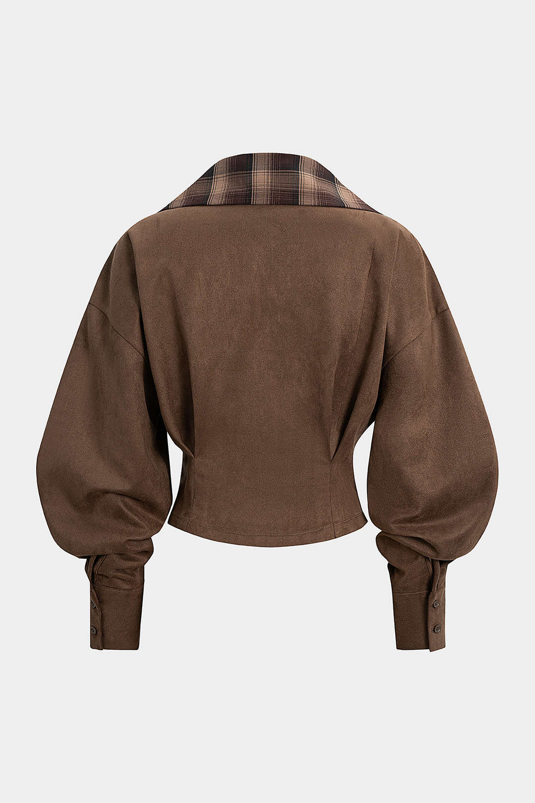 Suede Patchwork Notched Lapel Long-Sleeve Top - Image 2