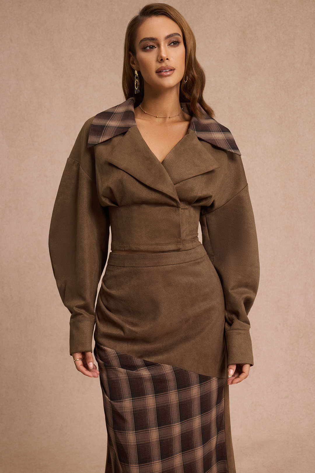 Suede Patchwork Notched Lapel Long-Sleeve Top - Image 5