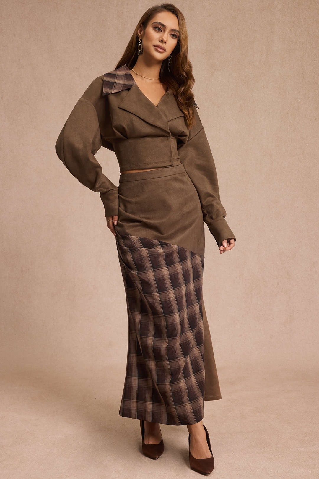 Suede Patchwork Notched Lapel Long-Sleeve Top - Image 6