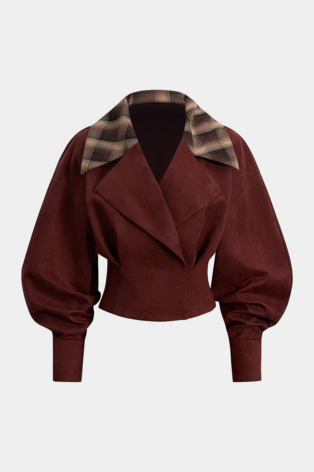 Suede Patchwork Notched Lapel Long-Sleeve Top - Image 9