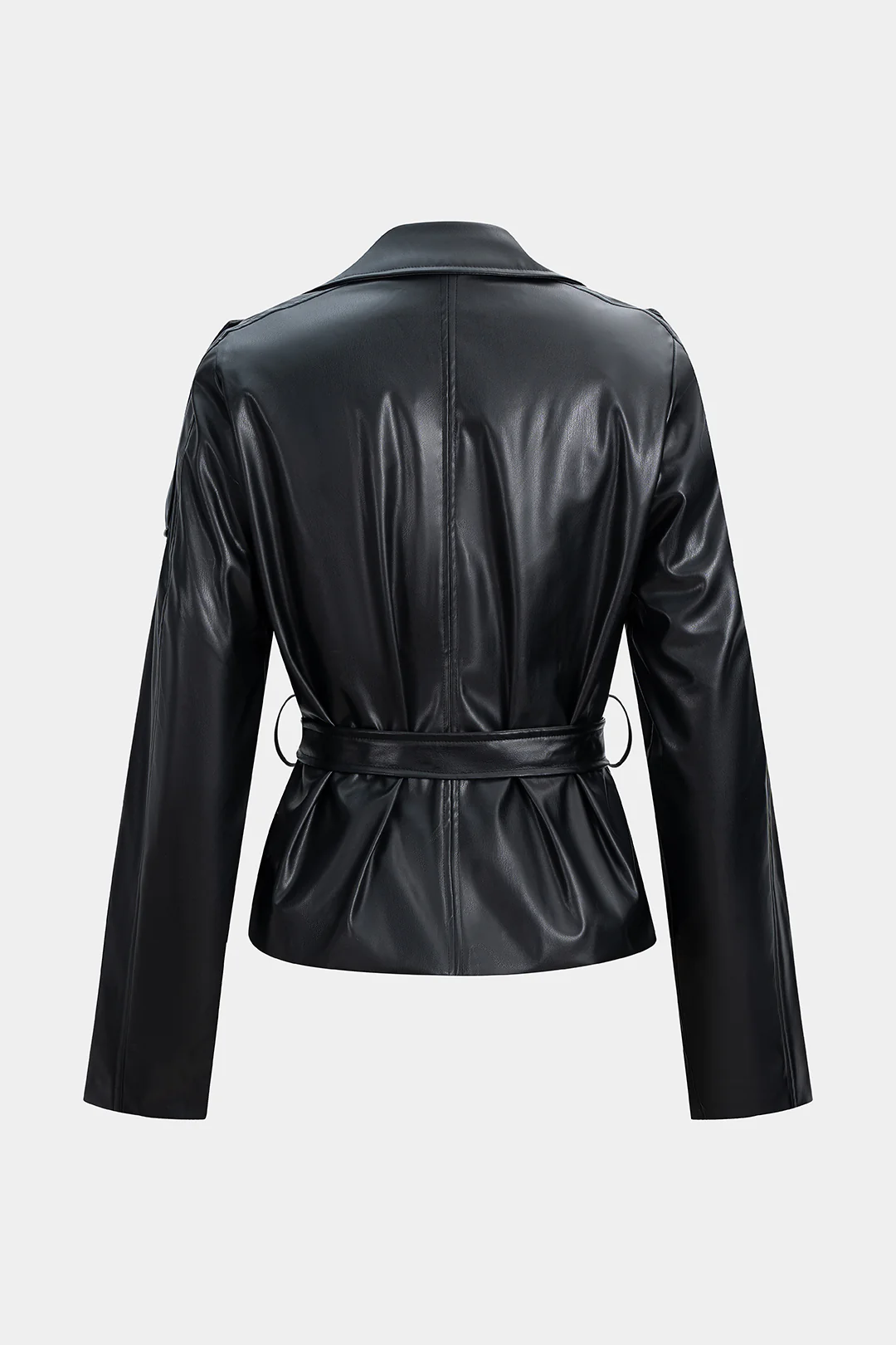 Faux Leather Button Tie-Front Pocket Jacket - Image 2