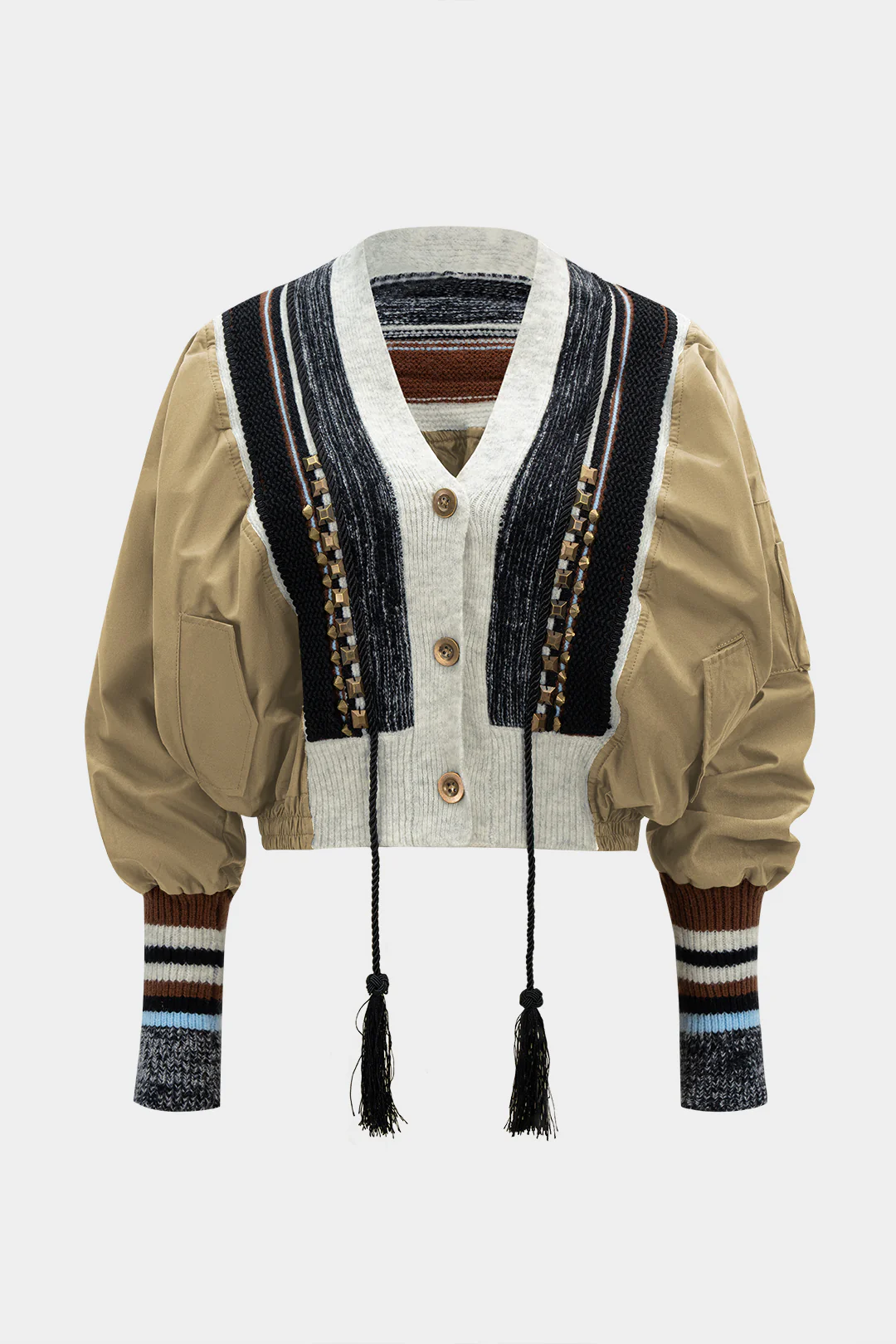 Knit Patchwork V-Neck Studded Fringe Decor Puffer - Image 5