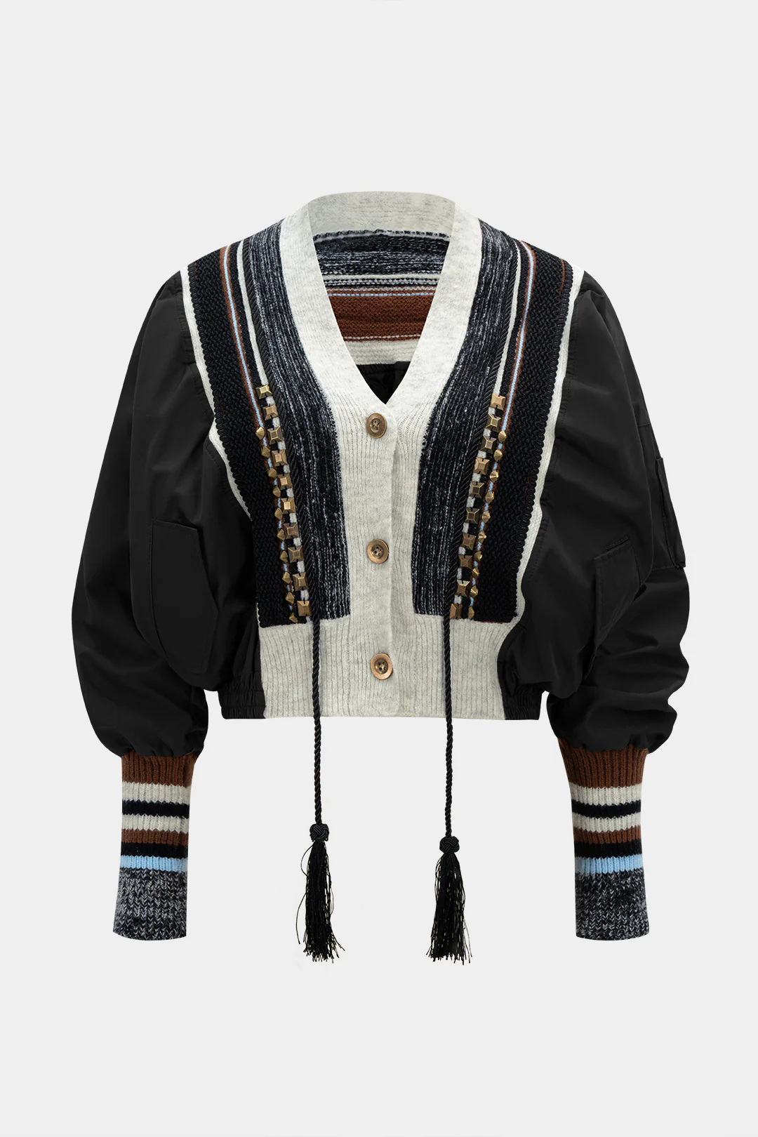 Knit Patchwork V-Neck Studded Fringe Decor Puffer - Image 6
