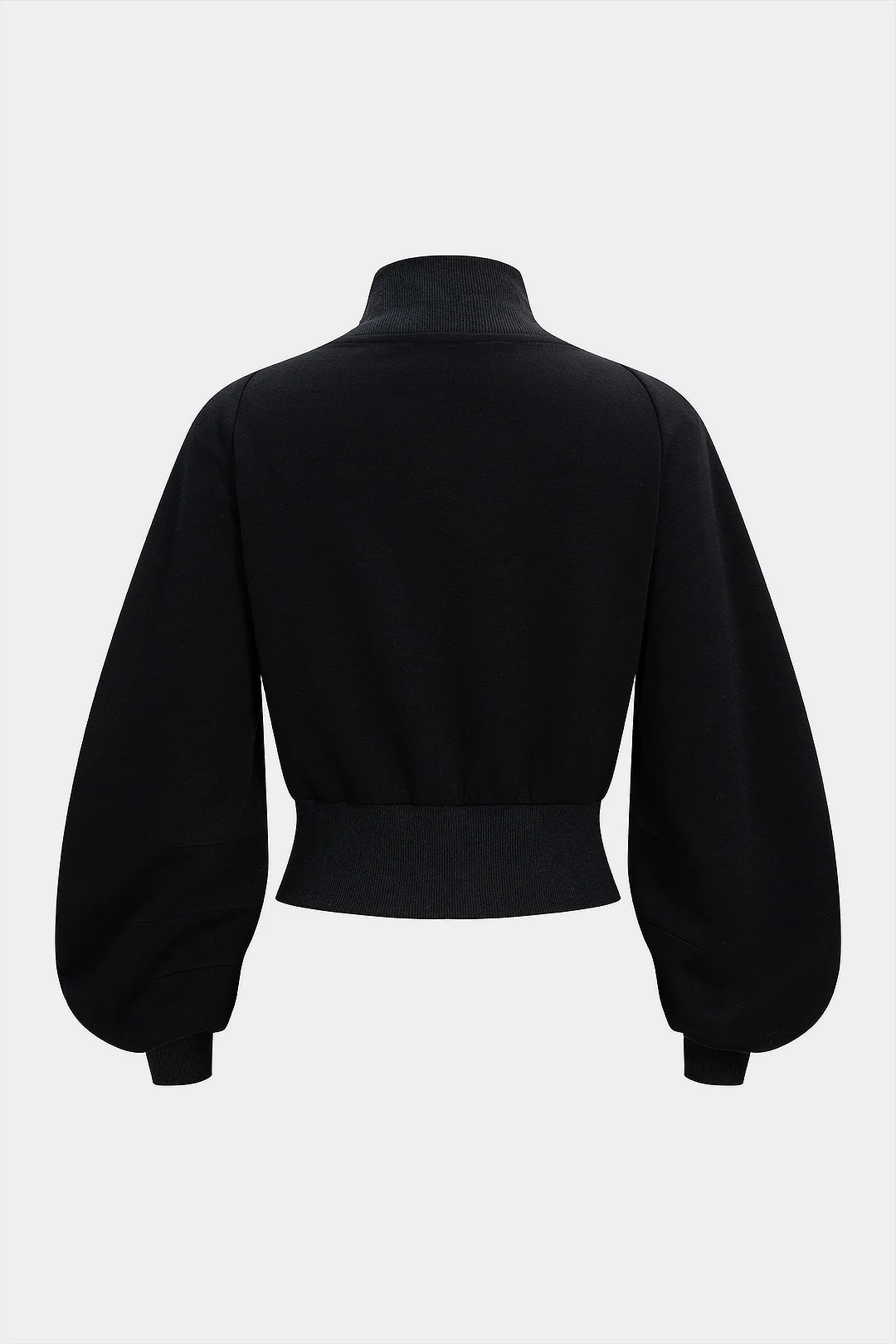 Faux Leather Patchwork V-Neck Zipper Lantern Sleeve Jacket - Image 2